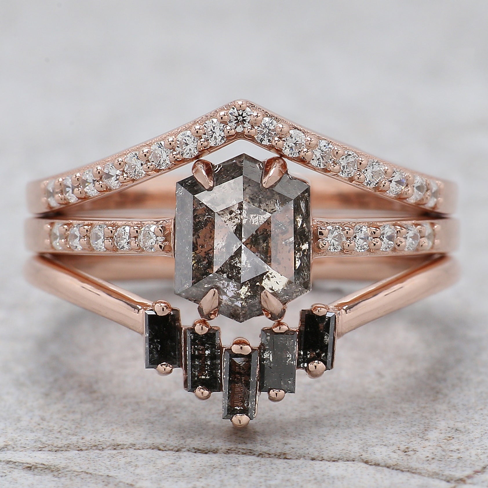 Hexagon Salt And Pepper Diamond Ring 1.41 Ct 7.50 MM Hexagon Cut Diamond Ring 14K Solid Rose Gold Silver Engagement Ring Gift For Her QL1262