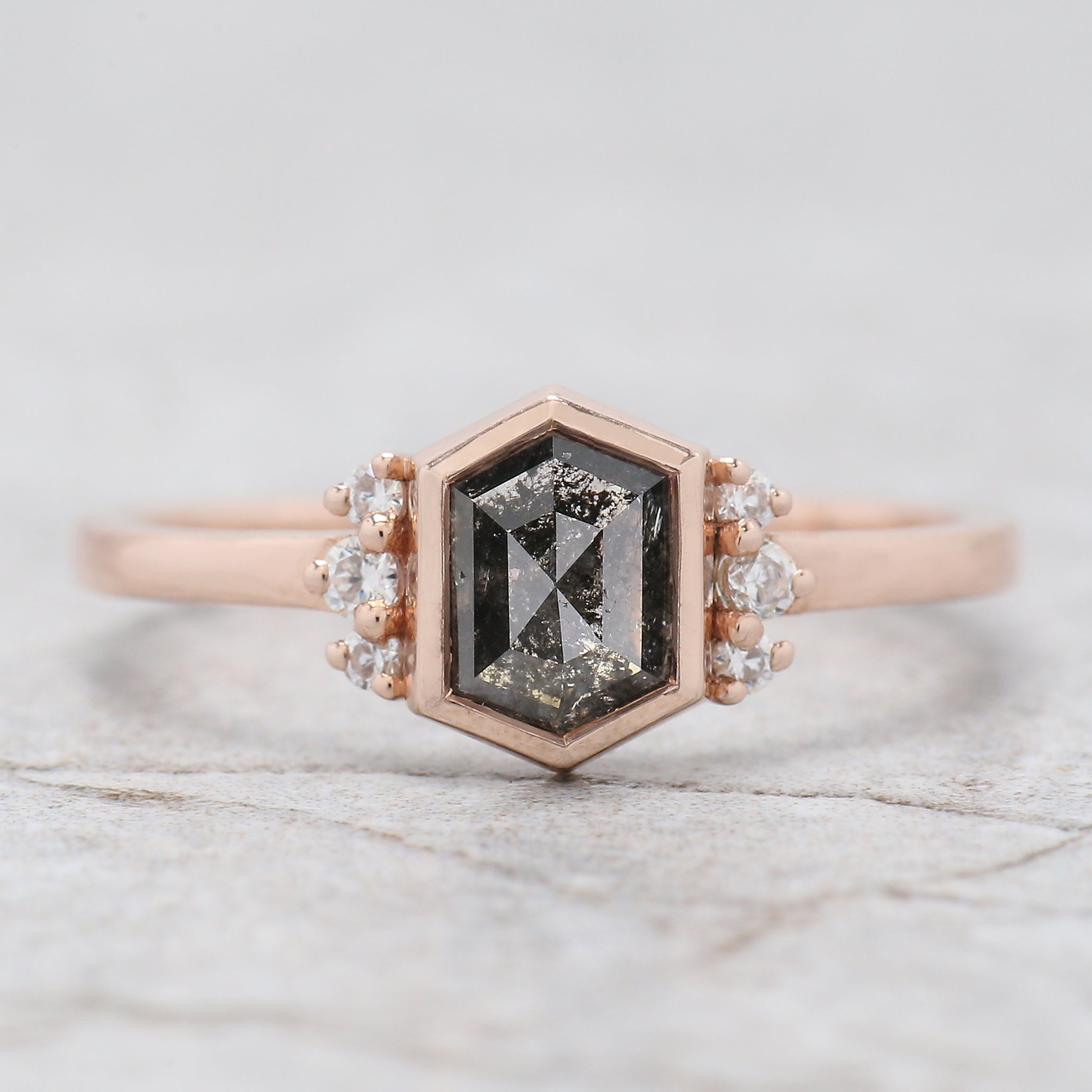 Hexagon Cut Salt And Pepper Diamond Ring 0.83 Ct 6.50 MM Hexagon Cut Diamond Ring 14K Rose Gold Silver Engagement Ring Gift For Her QL1503