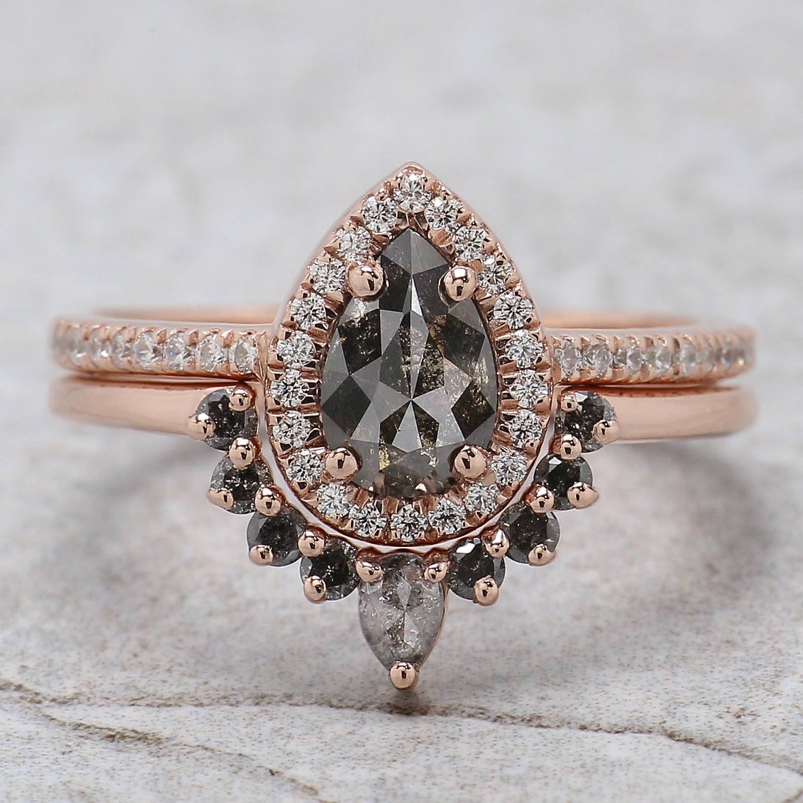 Pear Cut Salt And Pepper Diamond Ring 0.73 Ct 7.10 MM Pear Shape Diamond Ring 14K Solid Rose Gold Silver Engagement Ring Gift For Her QL1025