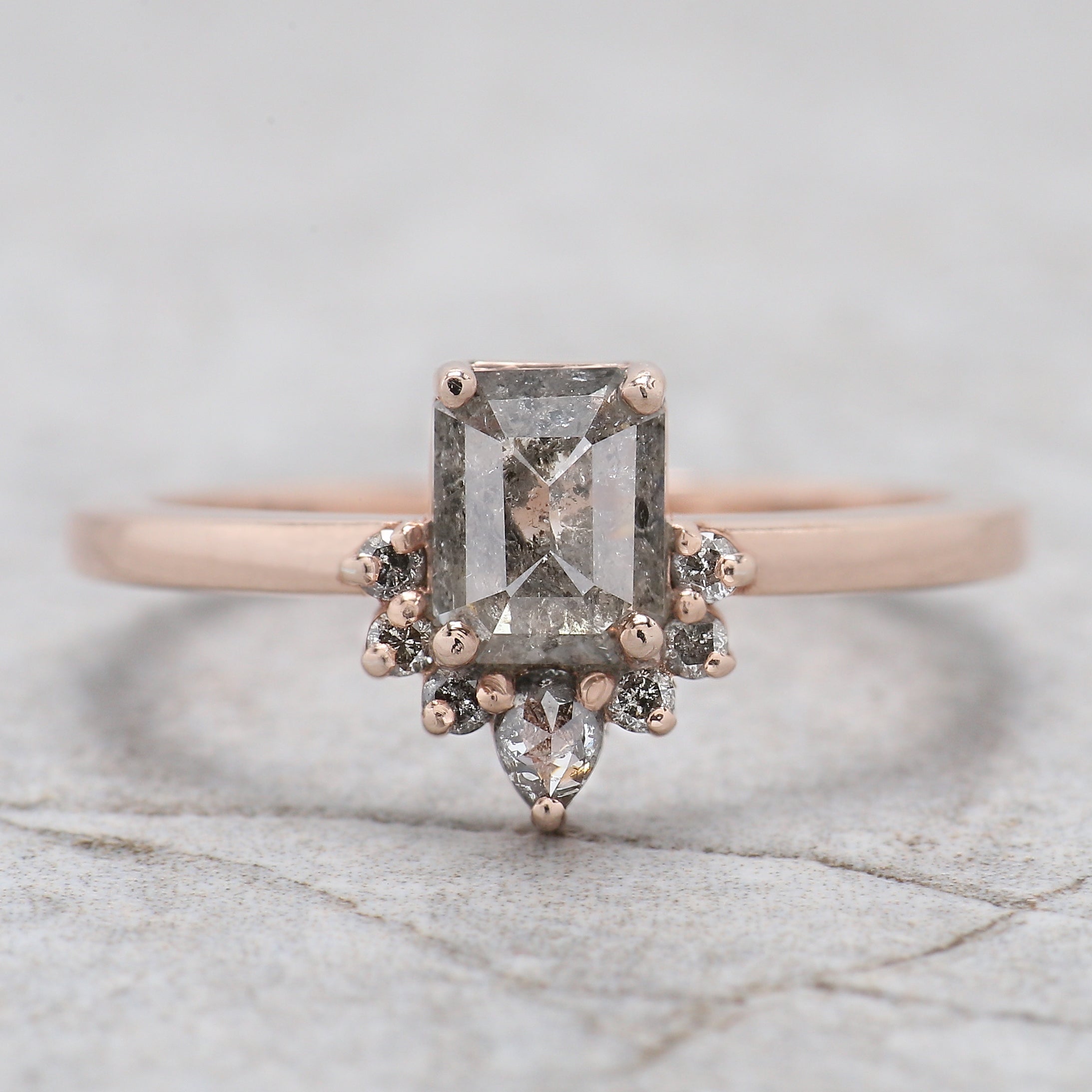 Emerald Salt And Pepper Diamond Ring 0.89 Ct 6.00 MM Emerald Diamond Ring 14K Solid Rose Gold Silver Engagement Ring Gift For Her QL020