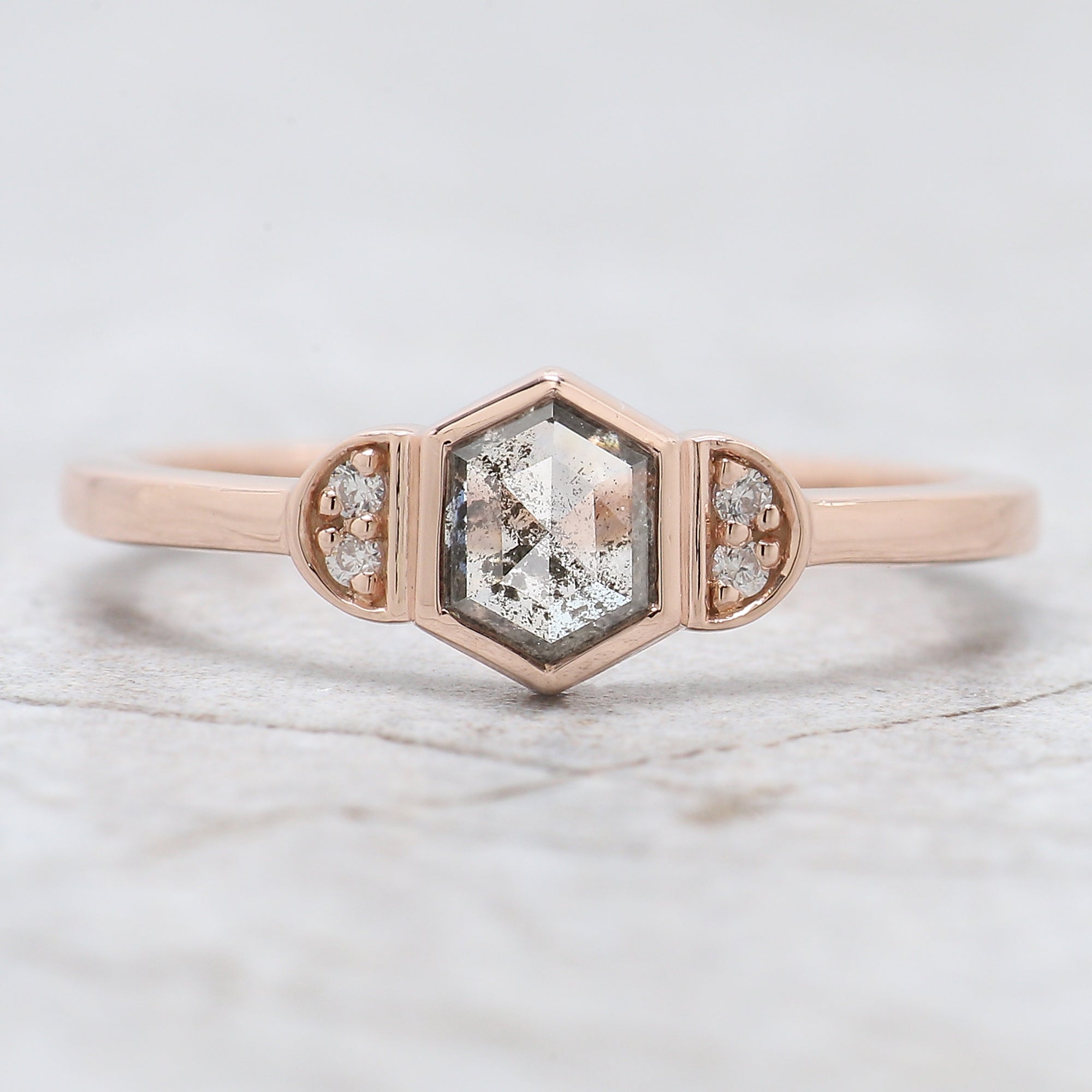 Hexagon Cut Salt And Pepper Diamond Ring 0.58 Ct 5.70 MM Hexagon Diamond Ring 14K Solid Rose Gold Silver Engagement Ring Gift For Her QN1564