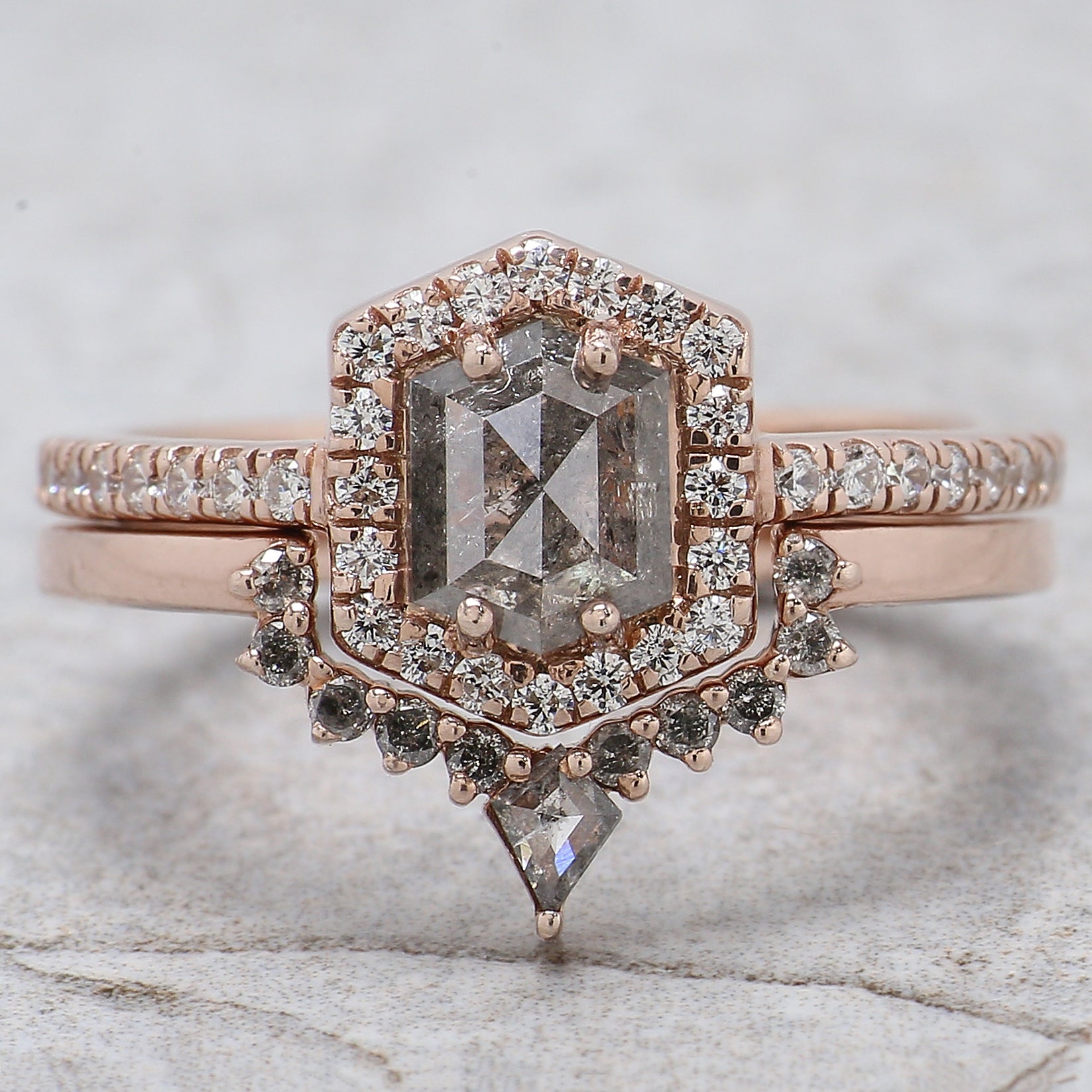 Hexagon Cut Salt And Pepper Diamond Ring 0.88 Ct 6.55 MM Hexagon Diamond Ring 14K Solid Rose Gold Silver Engagement Ring Gift For Her QN1460