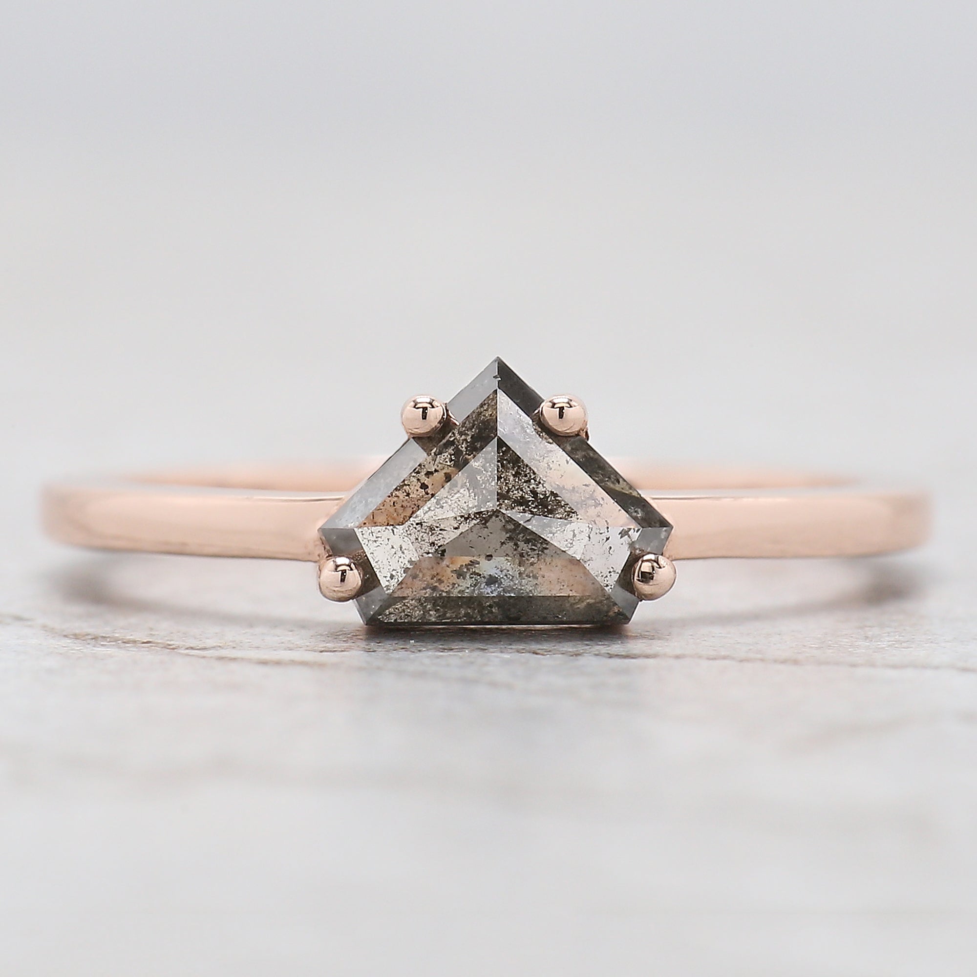 0.89 Ct Natural Shield Cut Salt And Pepper Diamond Ring 5.77 MM Shield Shape Diamond Ring 14K Solid Rose Gold Silver Engagement Ring QL9565