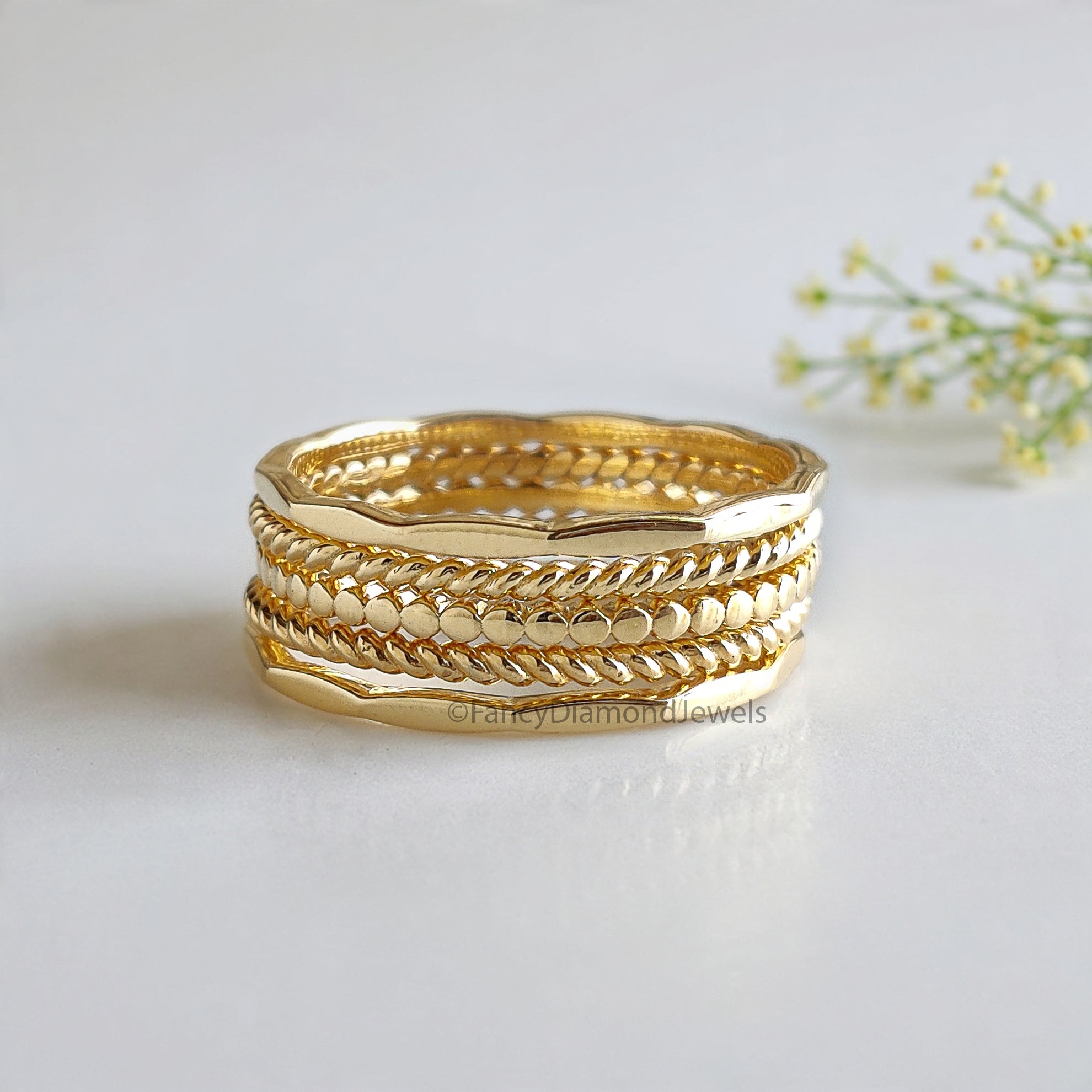 Handmade Filled Stackable 5 Rings Set Simple Wedding Band Yellow Gold Unique Wedding Band Minimal Dainty Stacking Band Gift For Her FD540