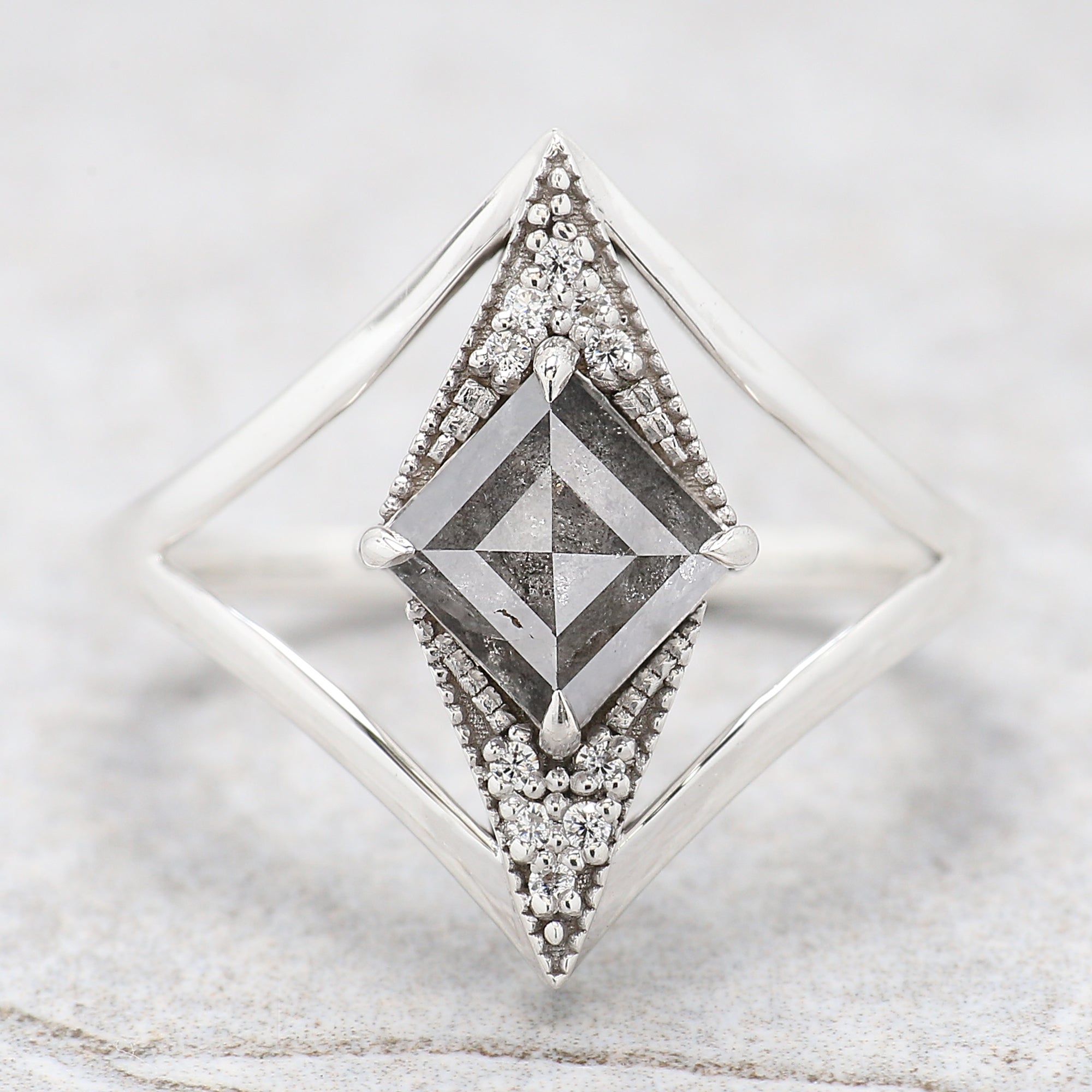 Kite Cut Salt And Pepper Diamond Ring 0.97 Ct 8.09 MM Kite Diamond Ring 14K Solid Rose Gold Silver Kite Engagement Ring Gift For Her QL2199