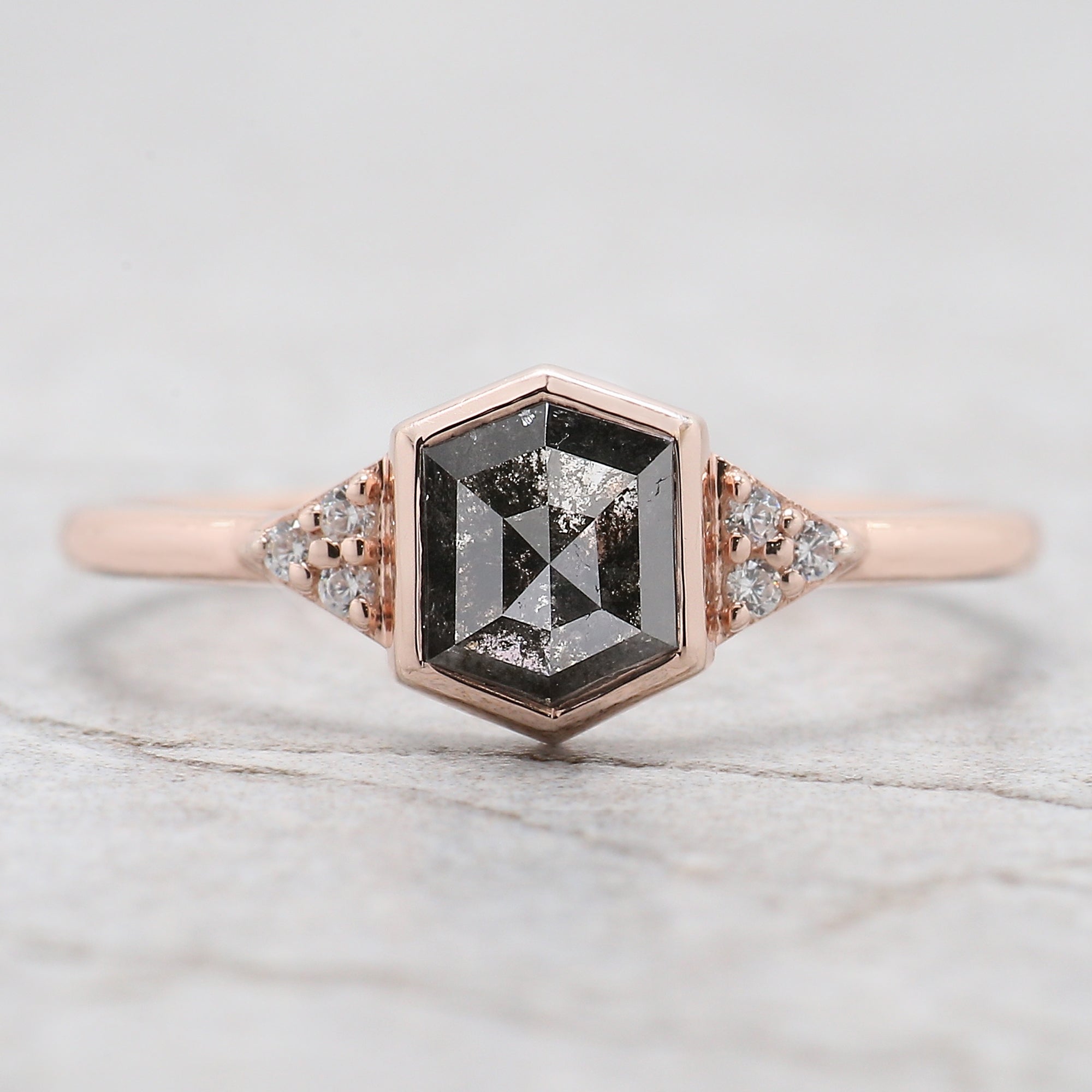 Hexagon Salt And Pepper Diamond Ring 0.89 Ct 6.37 MM Hexagon Cut Diamond Ring 14K Solid Rose Gold Silver Engagement Ring Gift For Her QL2163