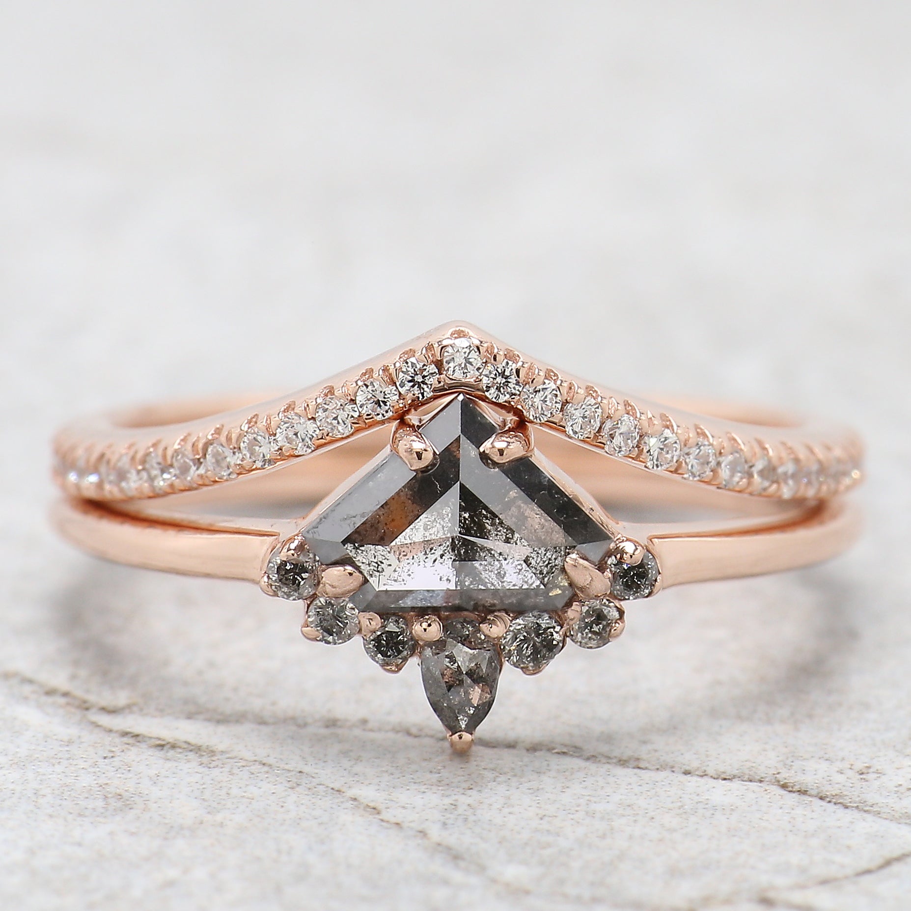 Shield Cut Salt And Pepper Diamond Ring 0.66 Ct 5.20 MM Shield Diamond Ring 14K Solid Rose Gold Silver Engagement Ring Gift For Her QN1177