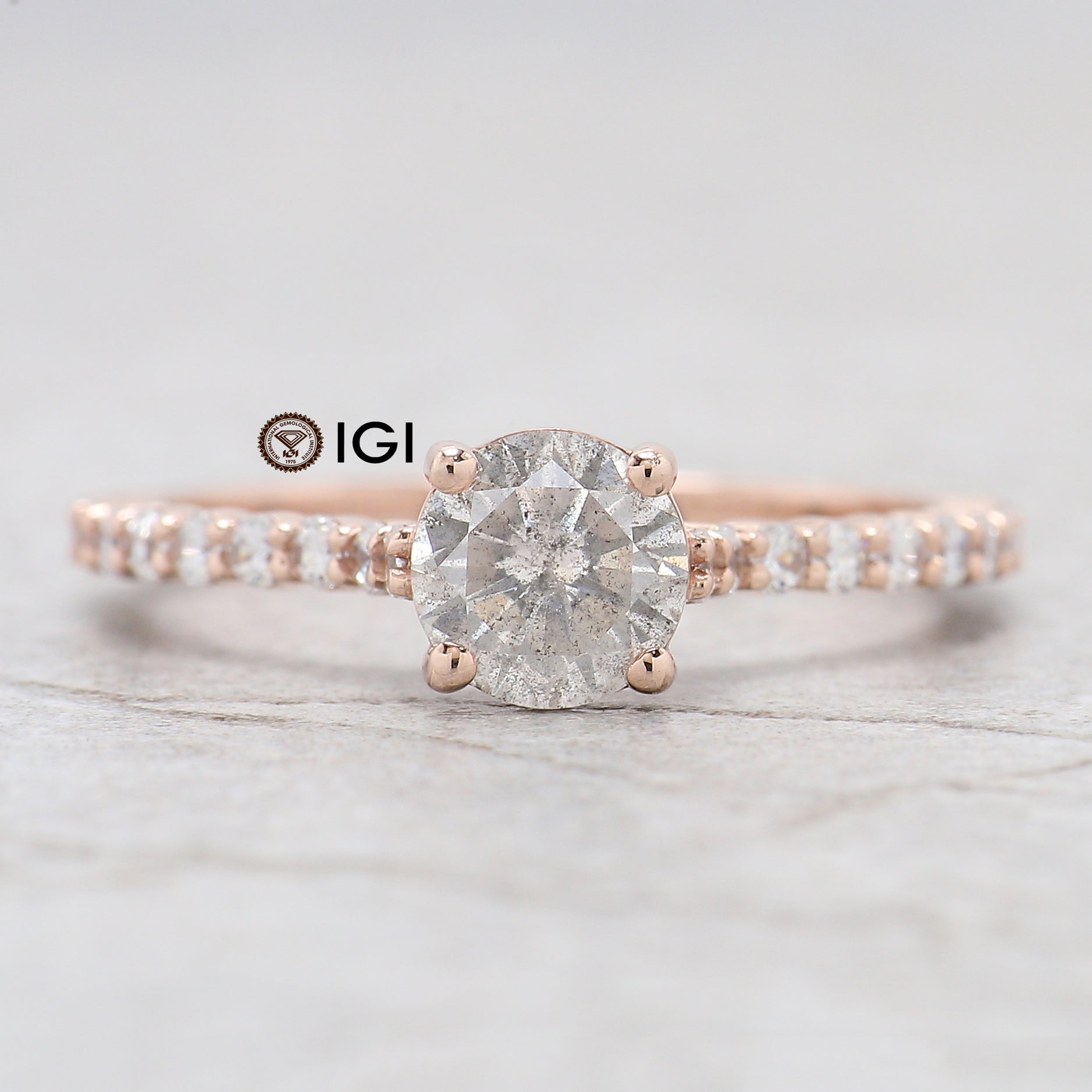 IGI Certified Round Salt And Pepper Diamond Ring 0.73 Ct 5.70 MM Round Diamond Ring 14K Solid Rose Gold Silver Engagement Ring Gift For Her QL2144