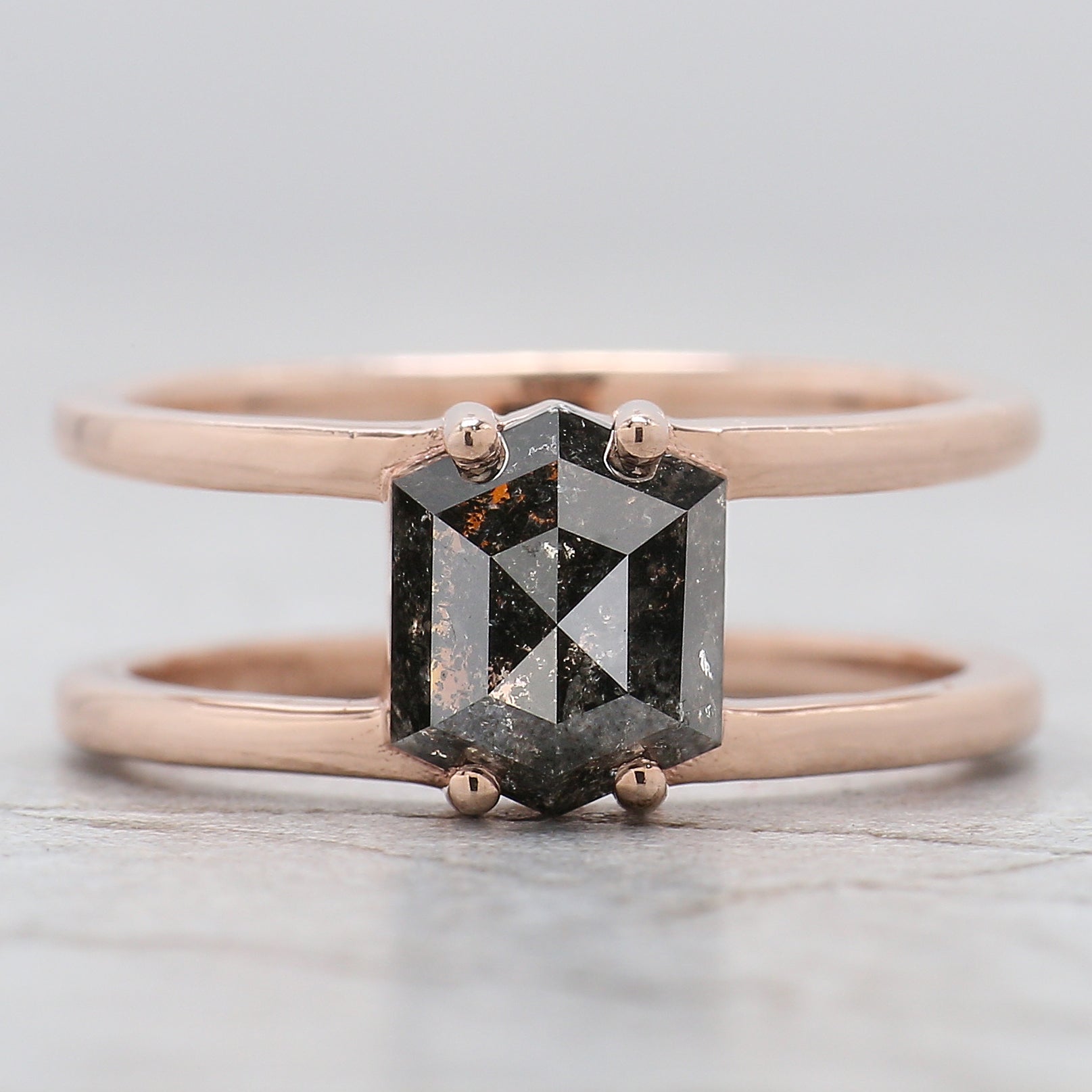 Hexagon Cut Salt And Pepper Diamond Ring 1.93 Ct 7.95 MM Hexagon Diamond Ring 14K Solid Rose Gold Silver Engagement Ring Gift For Her QL2264