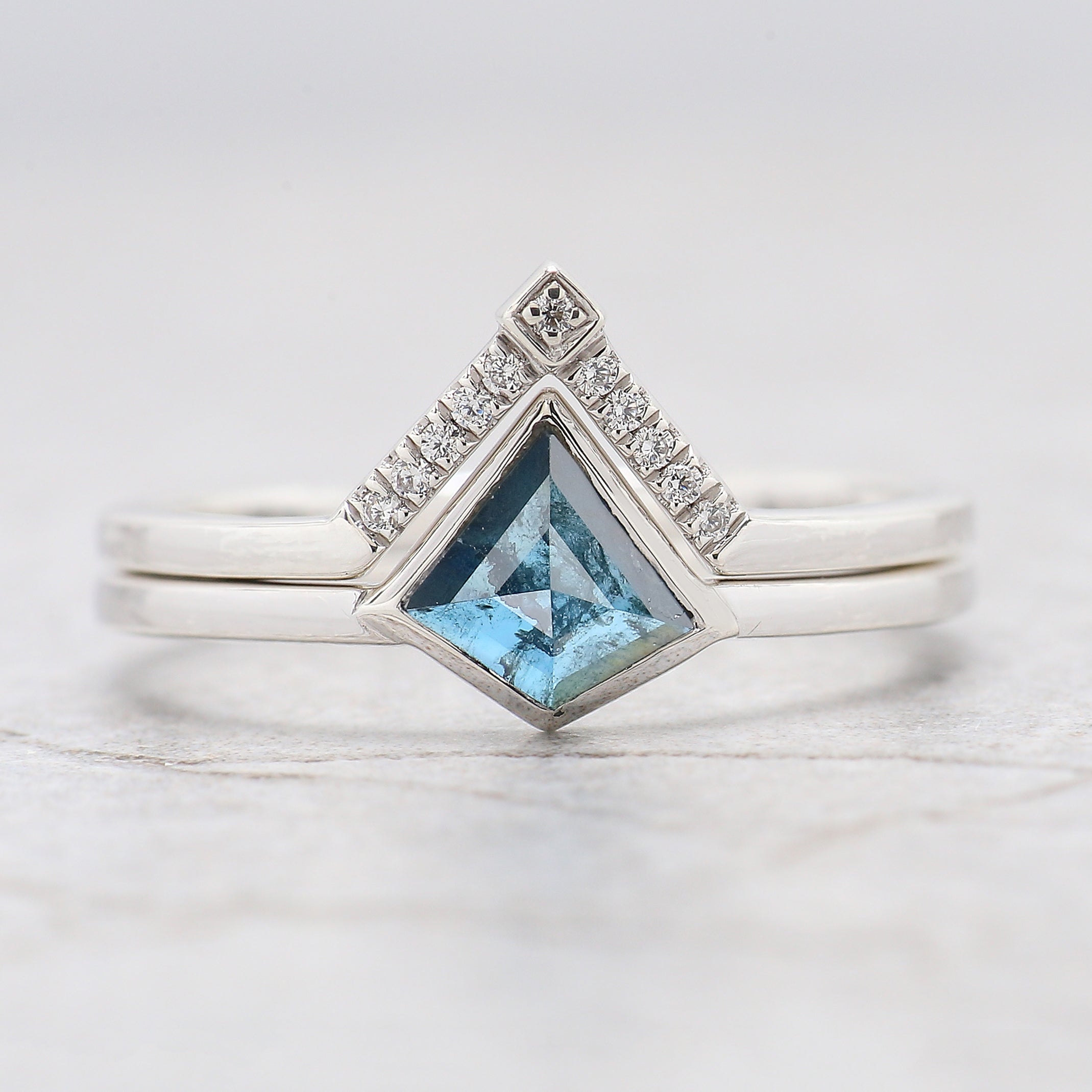 Kite Cut Blue Color Diamond Ring Set 0.44 Ct 6.42 MM Kite Diamond Ring 14K Solid White Gold Silver Engagement Kite Ring Gift For Her KD1111