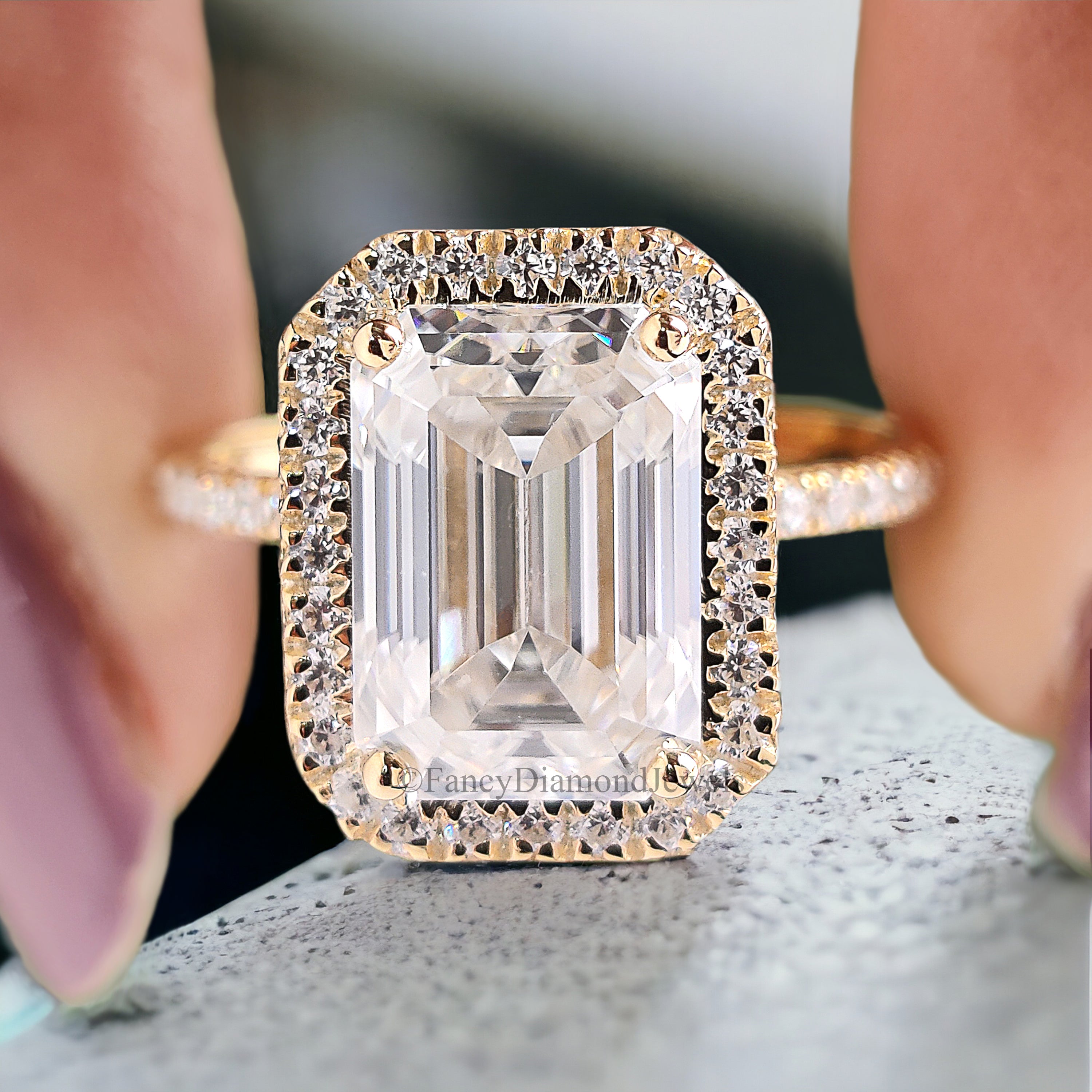 Emerald Cut Colorless Moissanite Engagement Ring 3.00 Ct Solid 14k Yellow Gold Ring Bridal Wedding Ring Halo Set Ring Gift For Her FD212