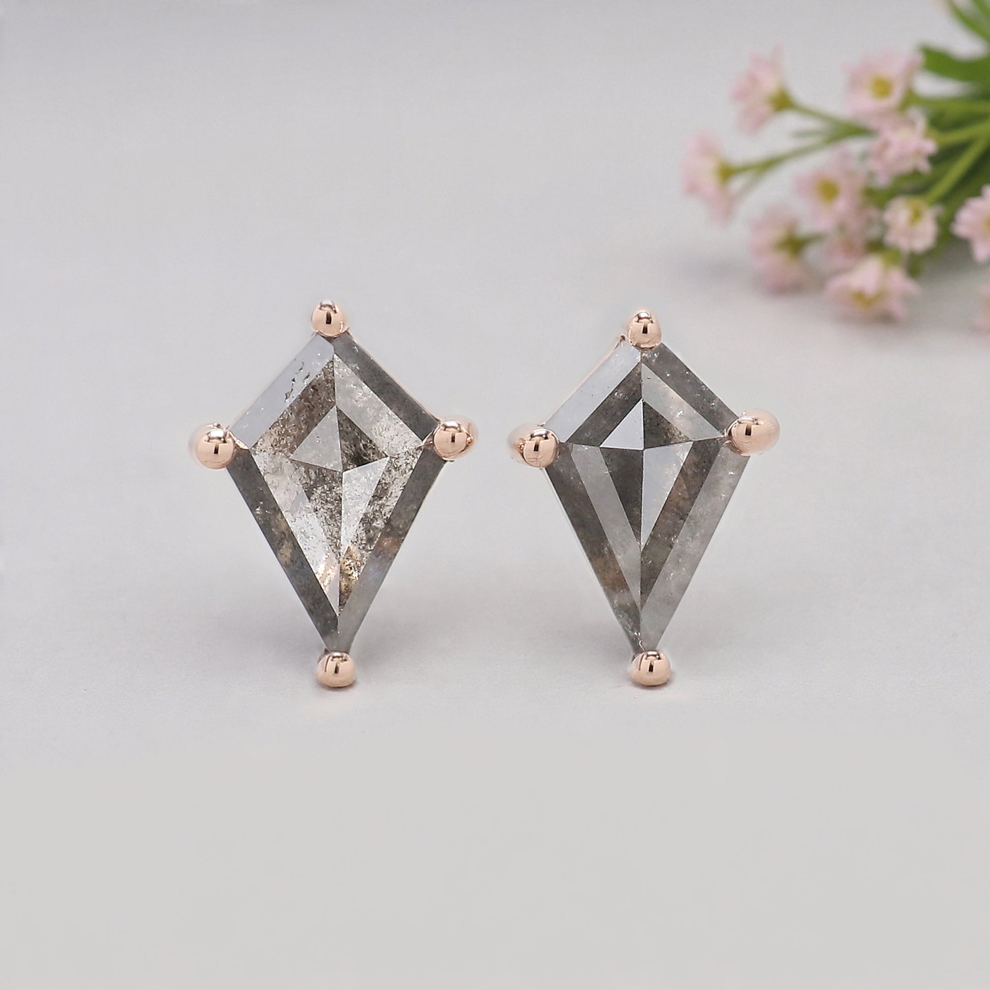 Kite Cut Salt And Pepper Diamond Earring 1.18 Ct 7.70 MM Kite Shape Diamond Earring 14K Solid Rose Gold Silver Earring Gift For Her KDL3438