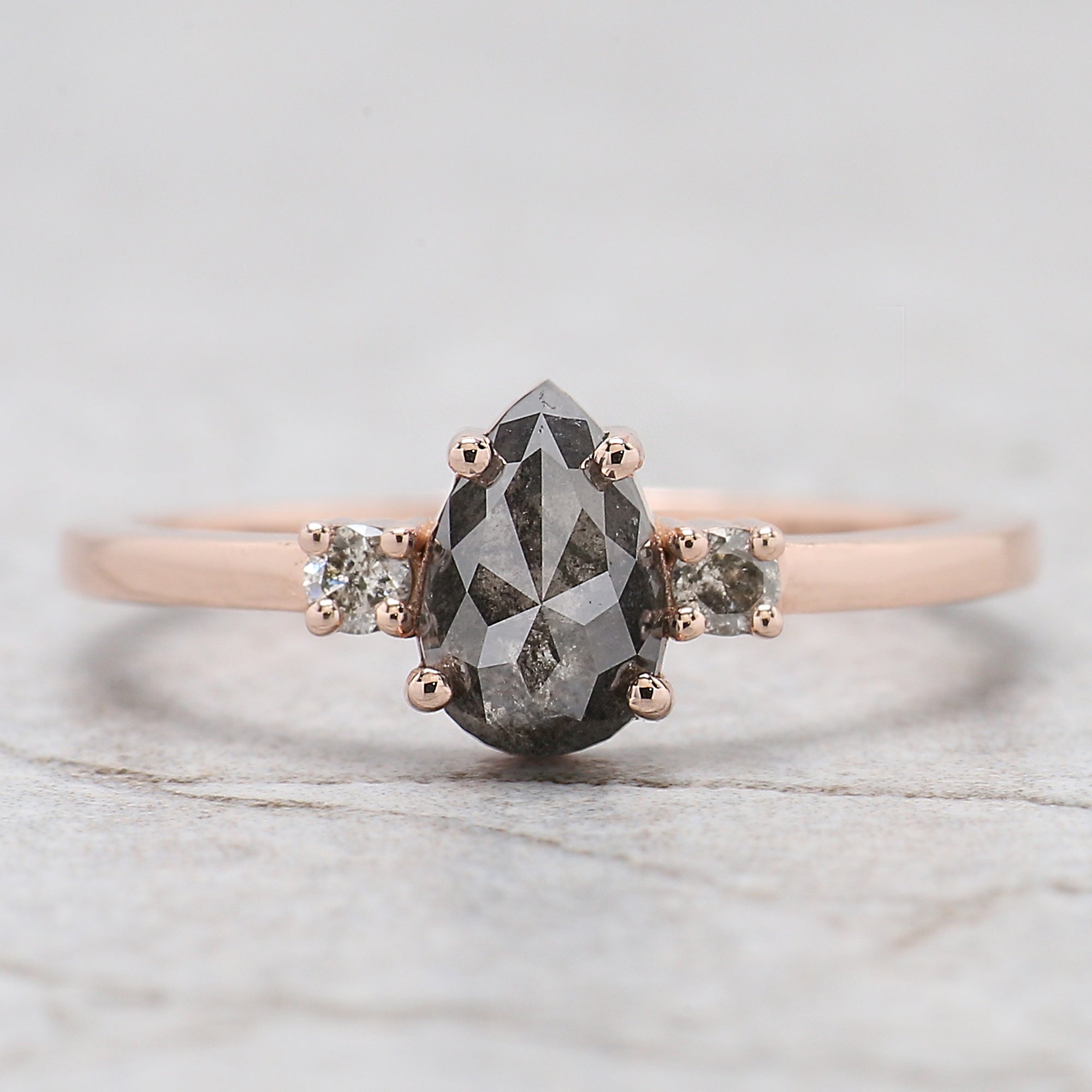 0.82 Ct Natural Pear Cut Salt And Pepper Diamond Ring 7.30 MM Pear Diamond Ring 14K Solid Rose Gold Silver Engagement Ring Pear Ring QL9907