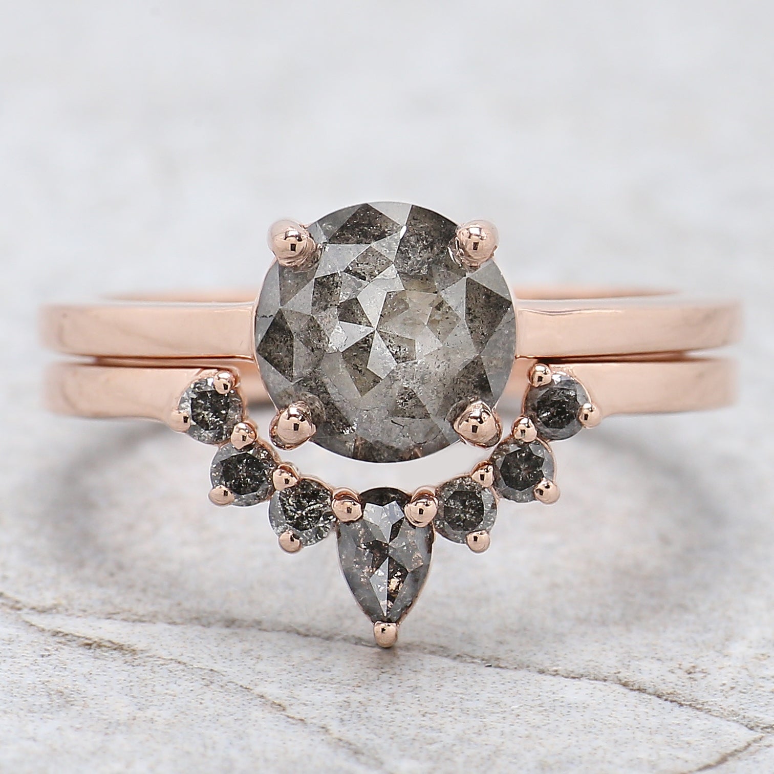 Round Rose Cut Salt And Pepper Diamond Ring 1.71 Ct 7.20 MM Diamond Ring 14K Solid Rose Gold Silver Engagement Ring Gift For Her QL1198