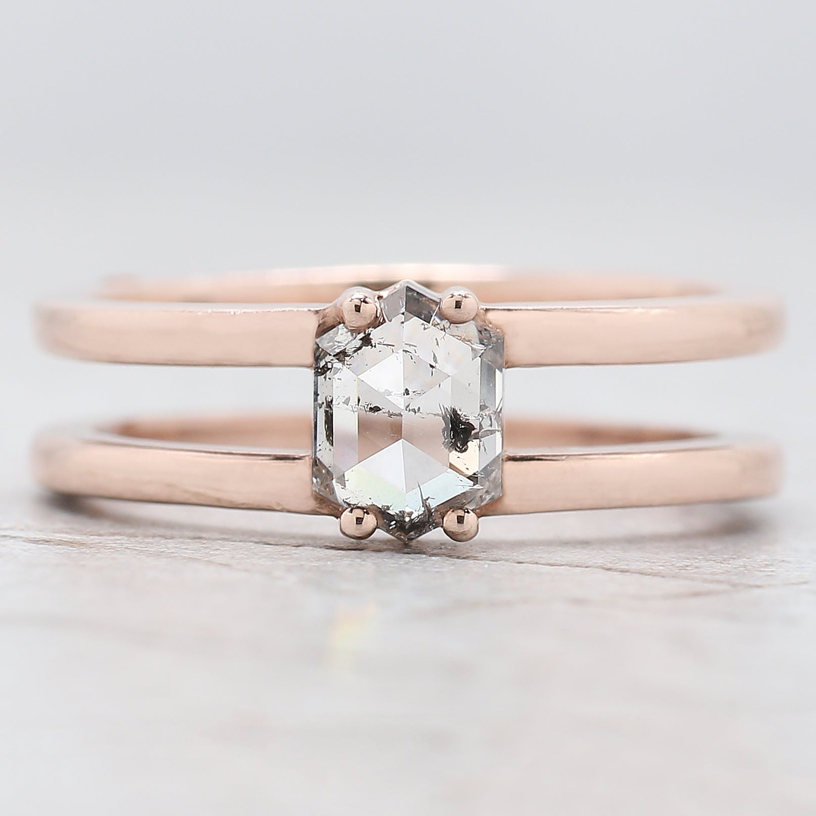 Hexagon Cut Salt And Pepper Diamond Ring 1.03 Ct 6.70 MM Hexagon Diamond Ring 14K Rose Gold Silver Engagement Ring Gift For Her QL2682
