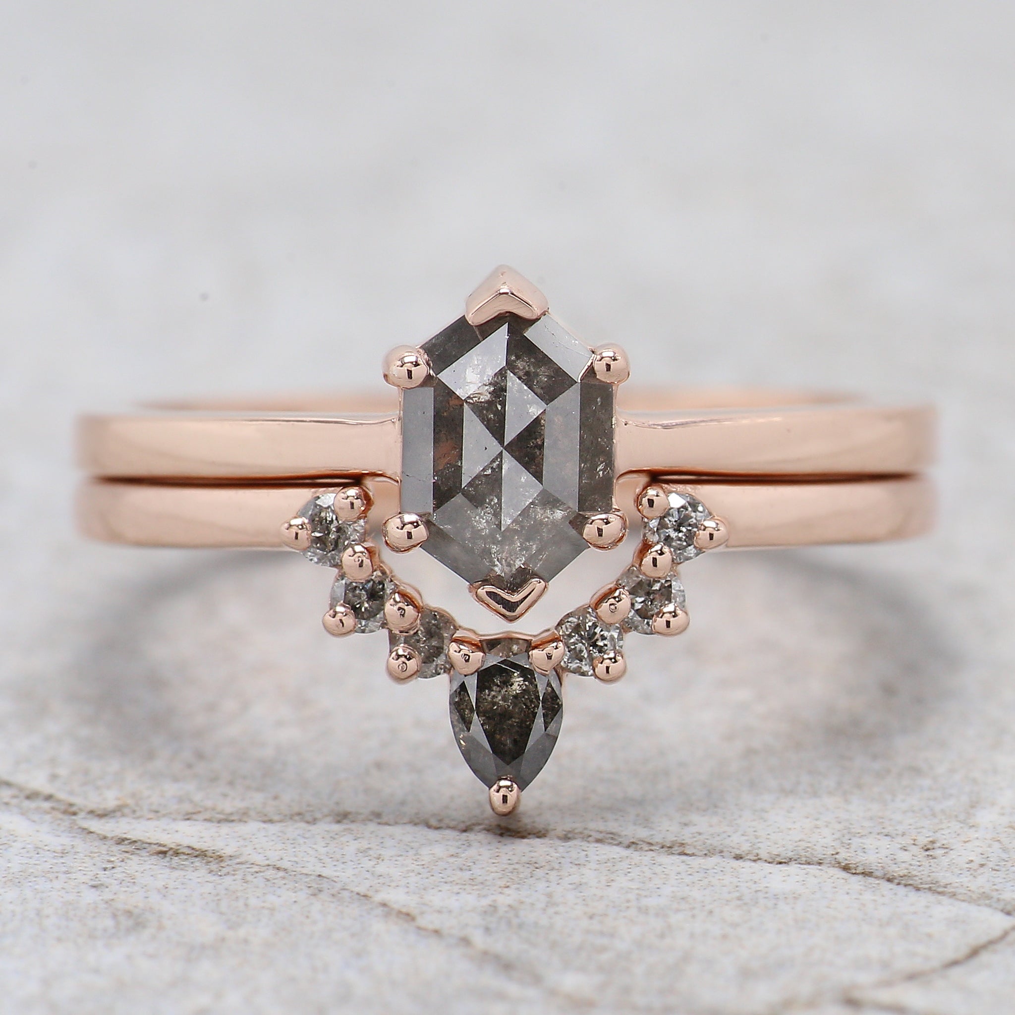 Hexagon Cut Salt And Pepper Diamond Ring 0.70 Ct 7.05 MM Hexagon Diamond Ring 14K Solid Rose Gold Silver Engagement Ring Gift For Her QL8153