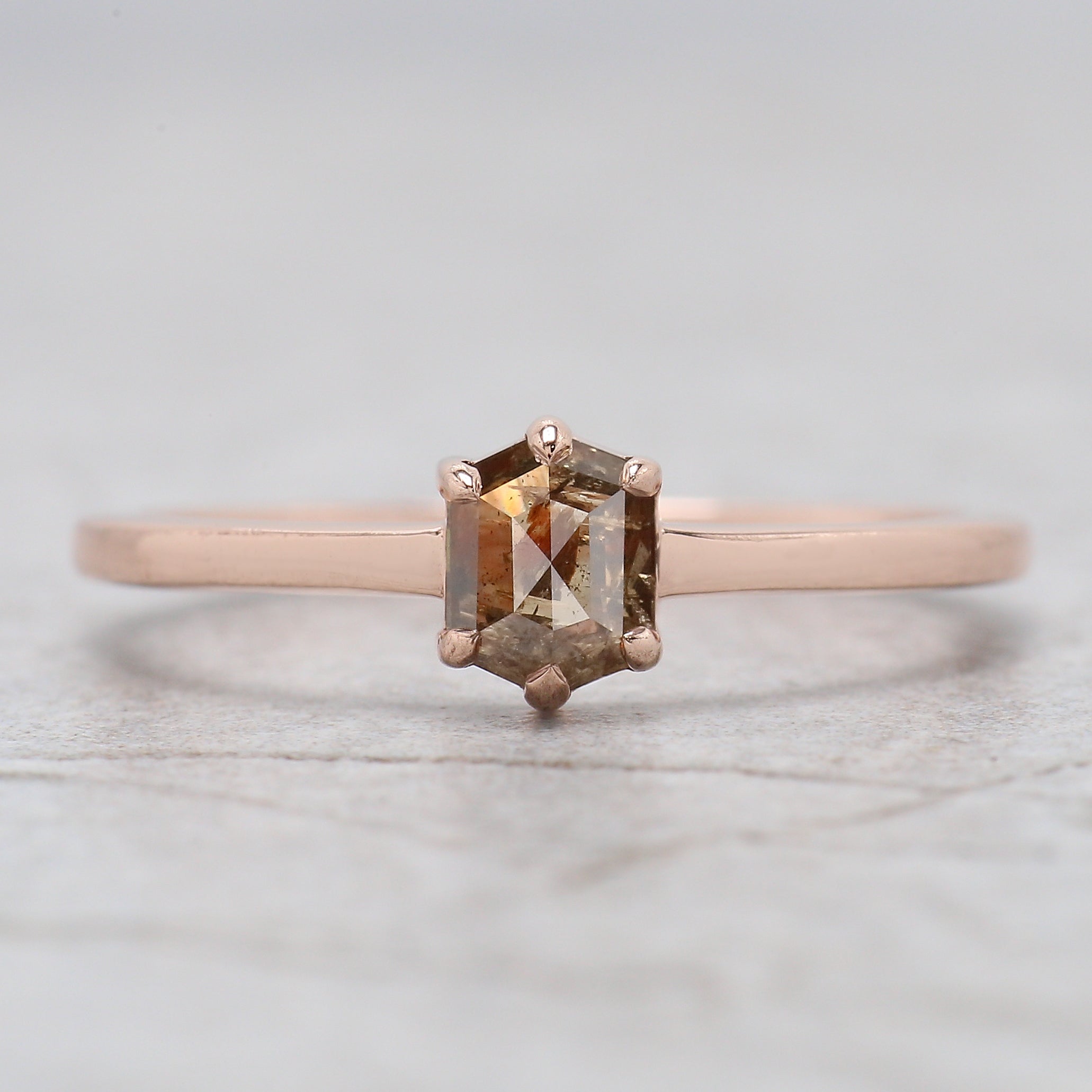 Hexagon Brown Color Diamond Ring 0.50 Ct 5.41 MM Hexagon Shape Diamond Ring 14K Solid Rose Gold Silver Engagement Ring Gift For Her QK2596