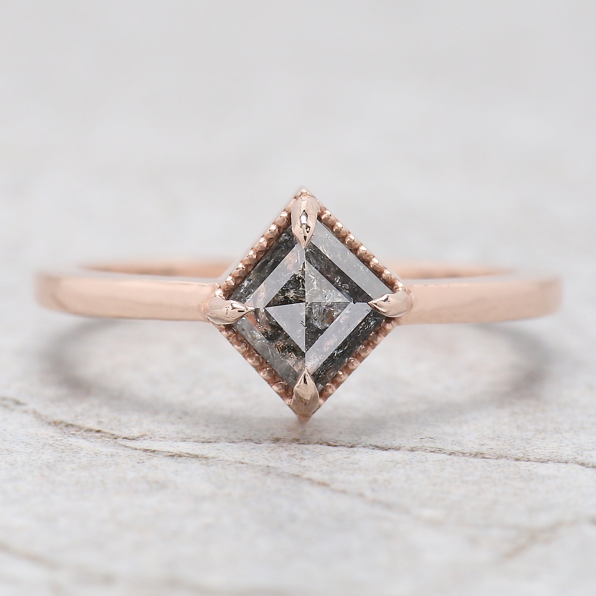 Kite Cut Salt And Pepper Diamond Ring 0.88 Ct 7.18 MM Kite Diamond Ring 14K Solid Rose Gold Silver Kite Engagement Ring Gift For Her QL2026