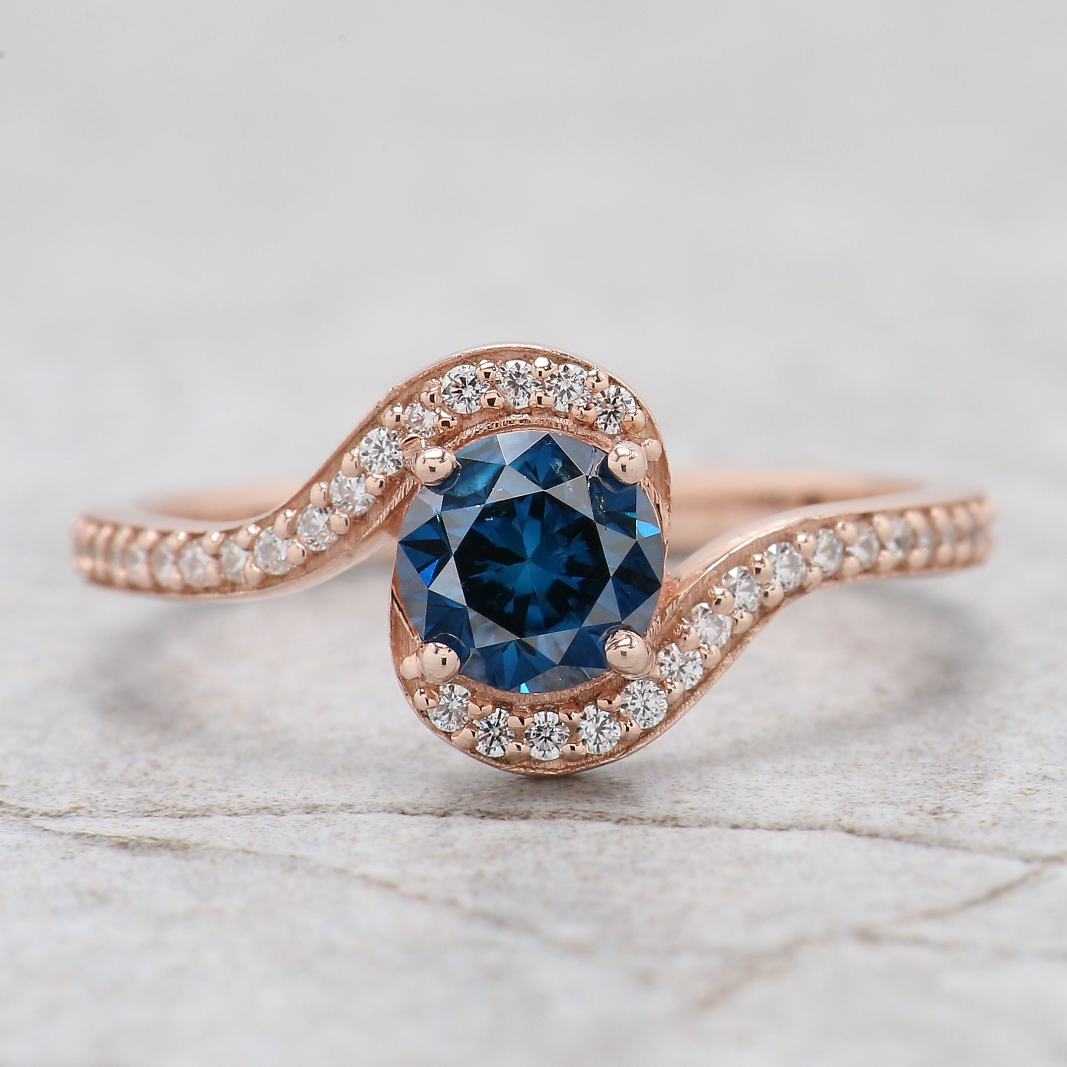 Round Cut Blue Color Diamond Ring 0.70 Ct 5.38 MM Round Shape Diamond Ring 14K Rose Gold Silver Round Engagement Ring Gift For Her QL2043