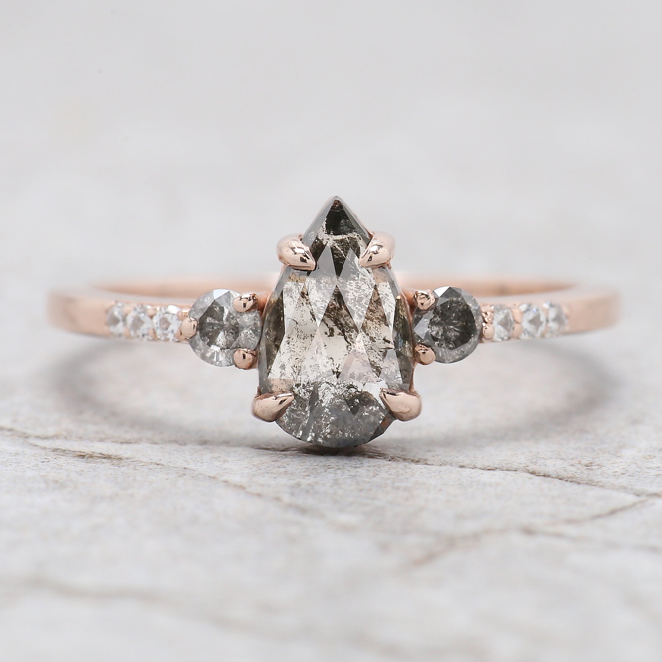 Pear Cut Salt And Pepper Diamond Ring 0.62 Ct 8.20 MM Pear Diamond Ring 14K Solid Rose Gold Silver Pear Engagement Ring Gift For Her QL1574