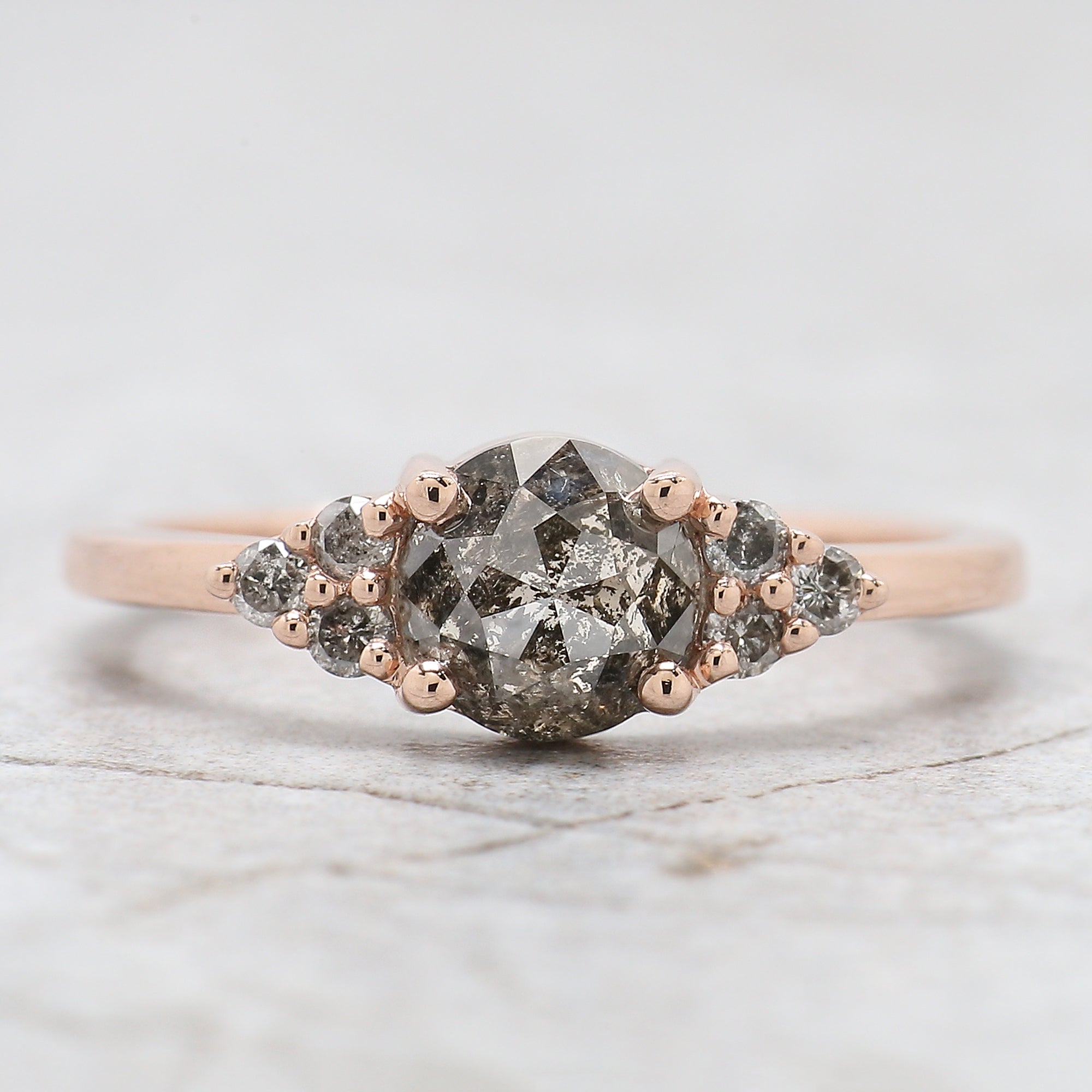 Round Rose Cut Salt And Pepper Diamond Ring 1.00 Ct 6.10 MM Round Shape Diamond Ring 14K Rose Gold Silver Engagement Ring Gift For Her QN2188