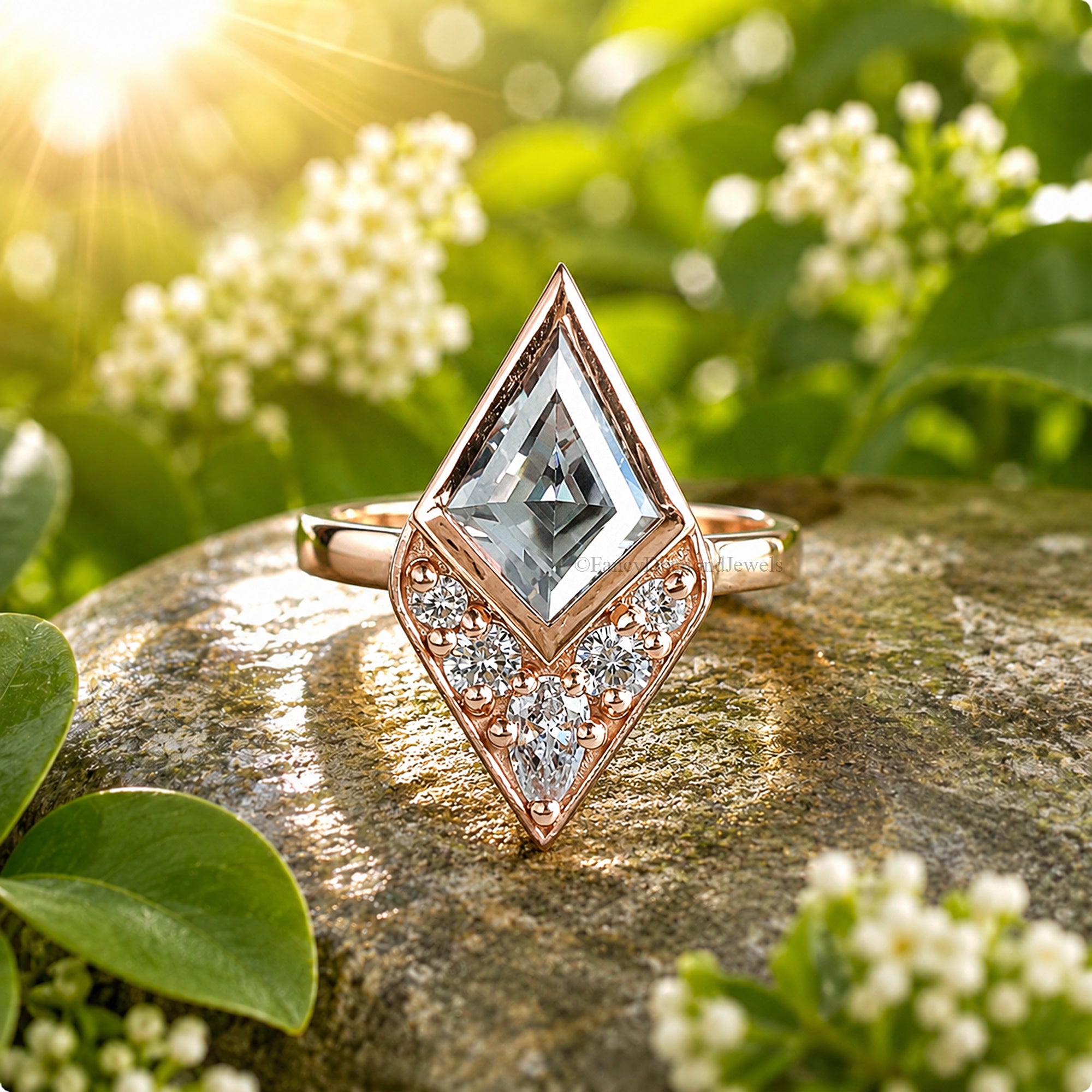 Gray Color Art Deco Ring Bezel Set Moissanite Bridal Ring Kite Shape Rose Gold Engagement Ring Gray Color Diamond Wedding Ring For Her FD576