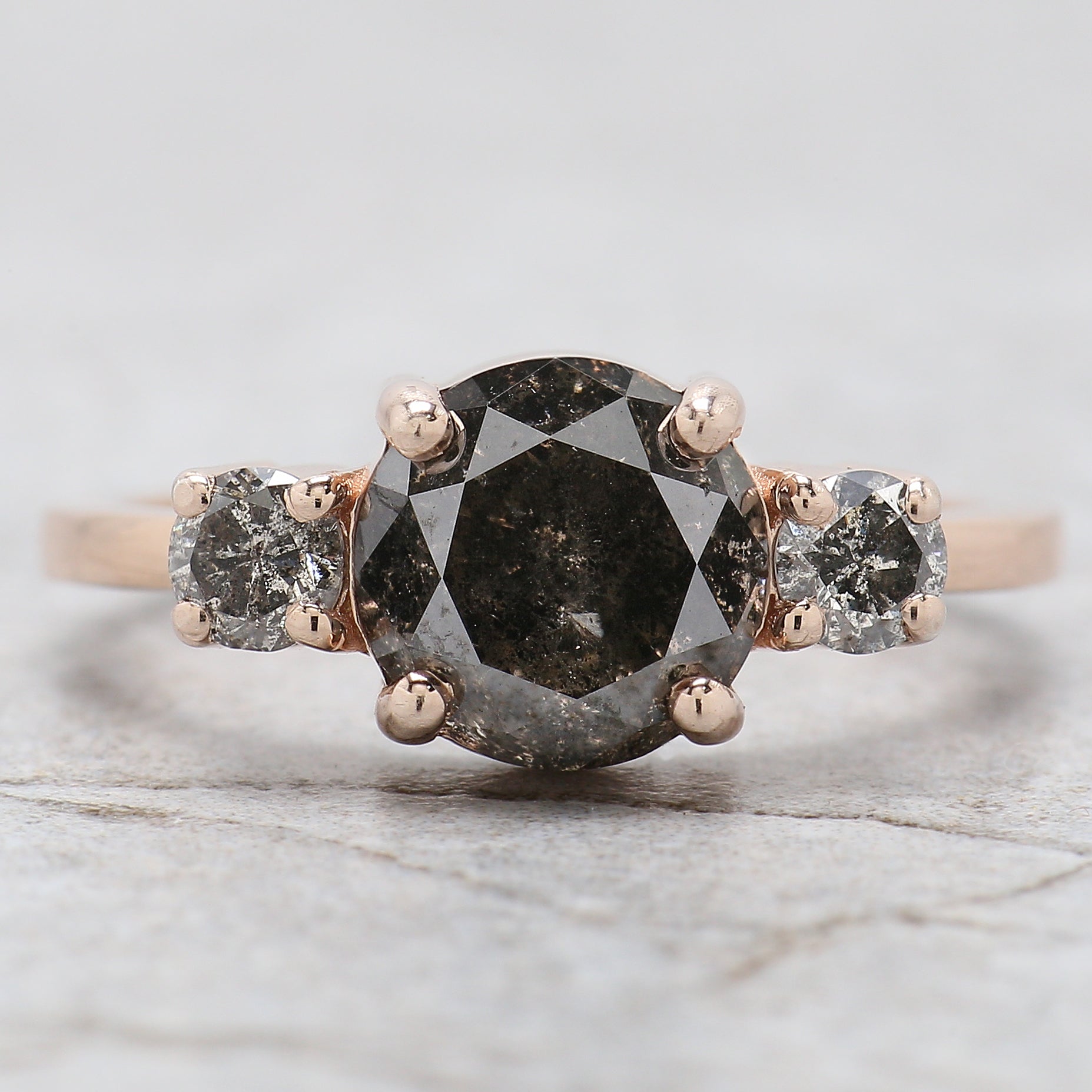 Round Cut Salt And Pepper Diamond Ring 2.05 Ct 7.85 MM Round Diamond Ring 14K Solid Rose Gold Silver Engagement Ring Gift For Her QL9209