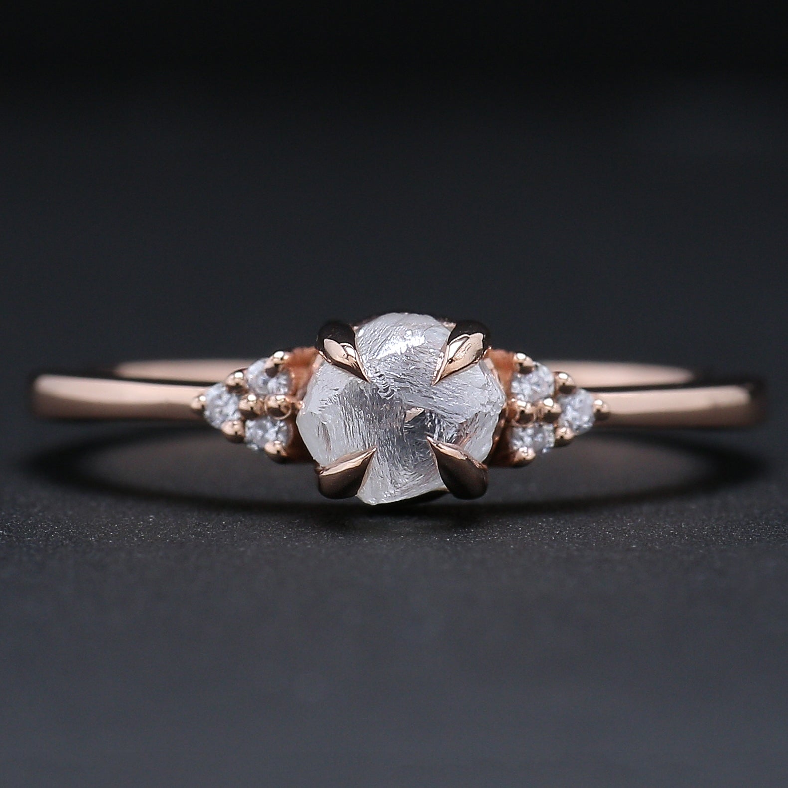 Rough White-F Color Diamond Ring 0.96 Ct 5.46 MM Crystal Rough Diamond Ring 14K Solid Rose Gold Silver Engagement Ring Gift For Her QL2473
