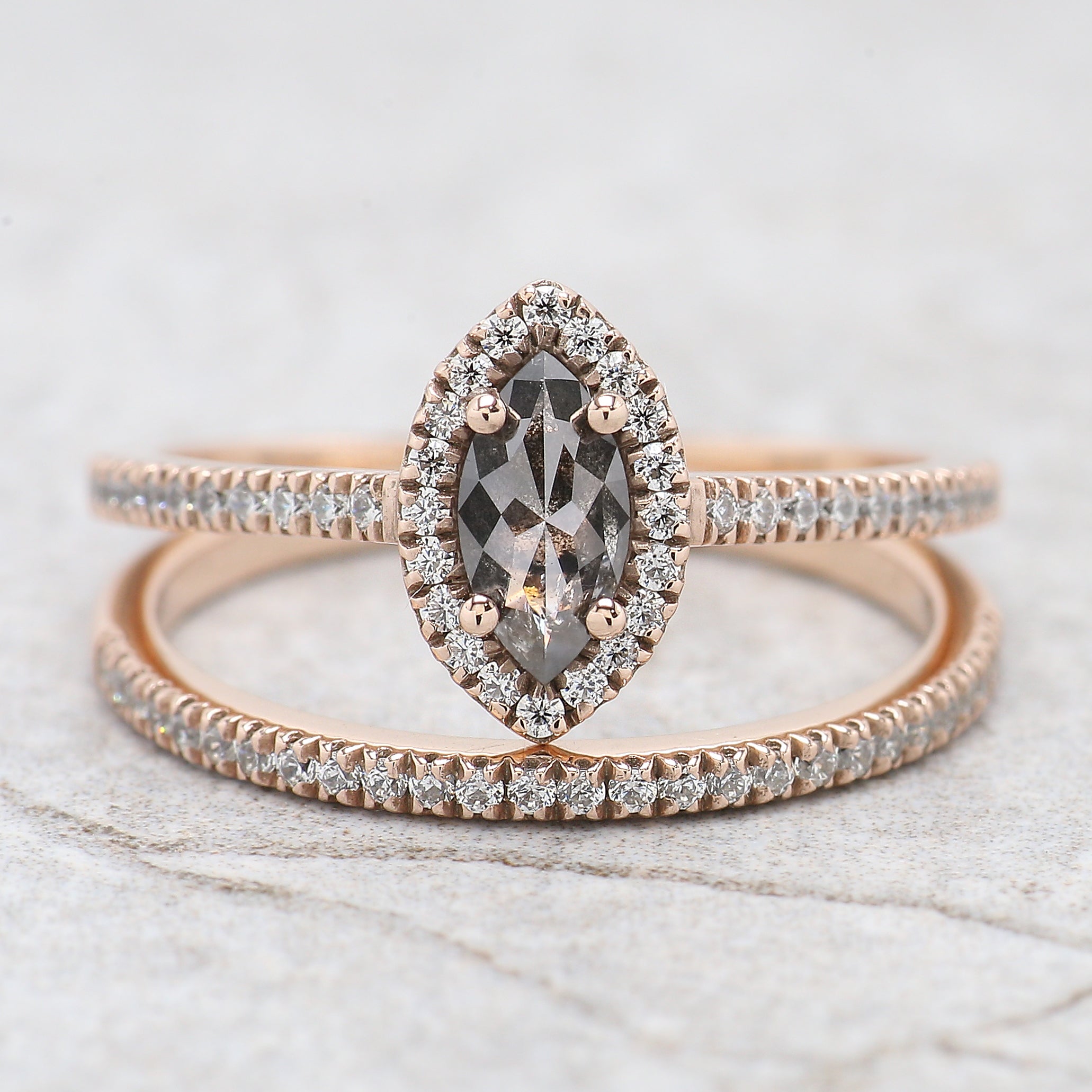 Marquise Cut Salt And Pepper Diamond Ring 0.41 Ct 6.99 MM Marquise Diamond Ring 14K Rose Gold Silver Engagement Ring Gift For Her KDN2490-1