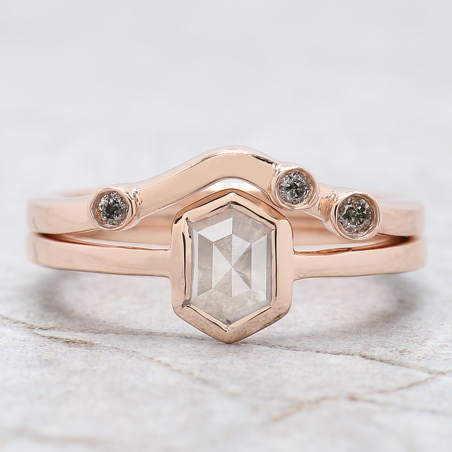 Hexagon Cut Salt And Pepper Diamond Ring 0.76 Ct 6.50 MM Hexagon Cut Diamond Ring 14K Rose Gold Silver Engagement Ring Gift For Her QL1121