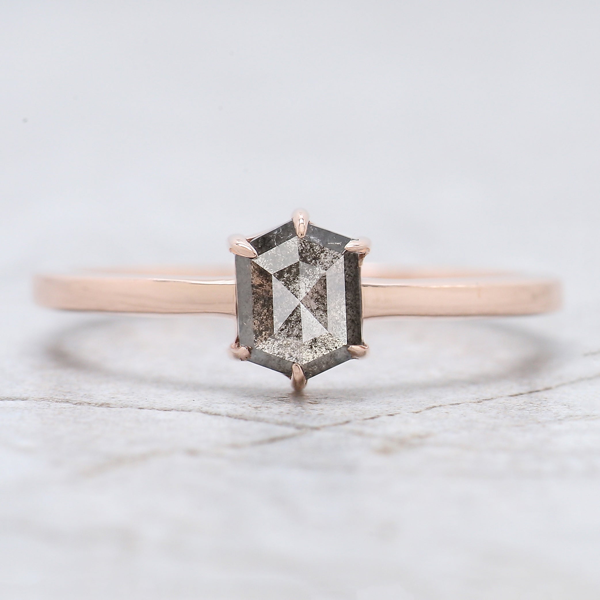 Hexagon Cut Salt And Pepper Diamond Ring 0.59 Ct 5.85 MM Hexagon Cut Diamond Ring 14K Rose Gold Silver Engagement Ring Gift For Her QL935