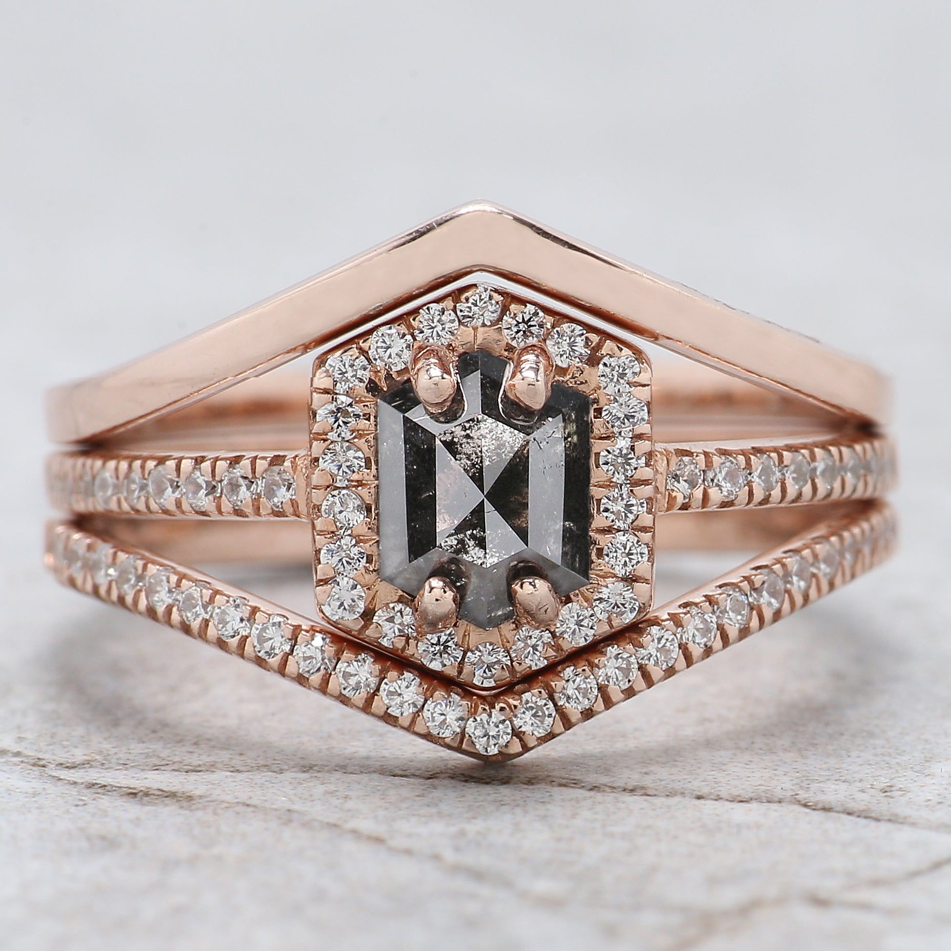 Hexagon Cut Salt And Pepper Diamond Ring 0.72 Ct 6.20 MM Hexagon Diamond Ring 14K Solid Rose Gold Silver Engagement Ring Gift For Her QL1236