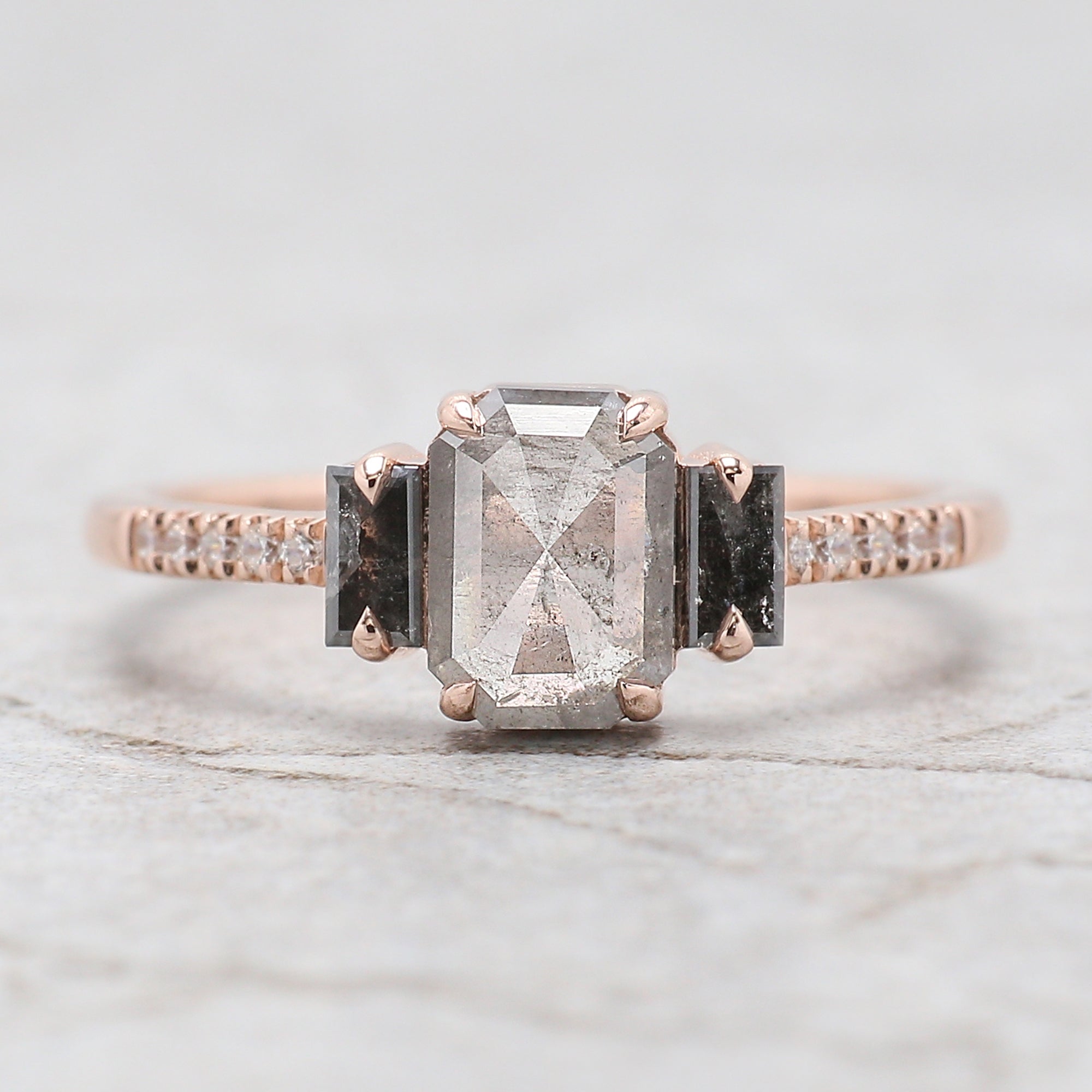 0.90 Ct Natural Emerald Shape Grey Color Diamond Ring 6.95 MM Emerald Cut Diamond Ring 14K Solid Rose Gold Silver Engagement Ring QN796