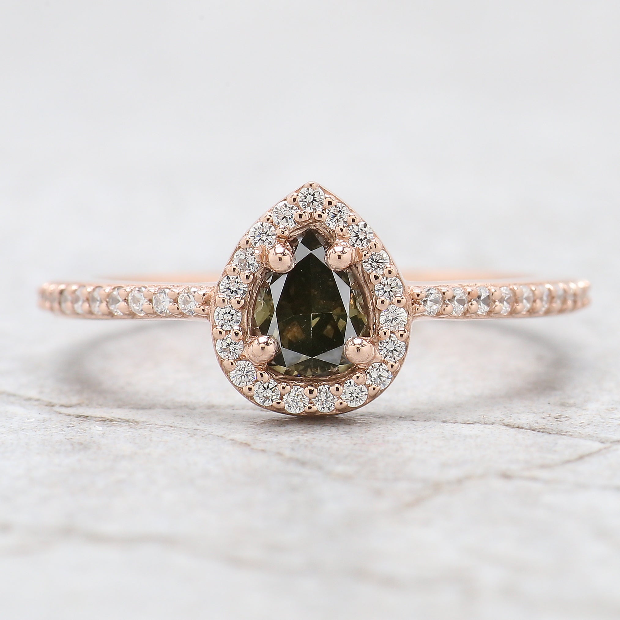 Pear Cut Green Color Diamond Ring 0.37 Ct 5.45 MM Pear Shape Diamond Ring 14K Solid Rose Gold Silver Engagement Ring Gift For Her QL5135