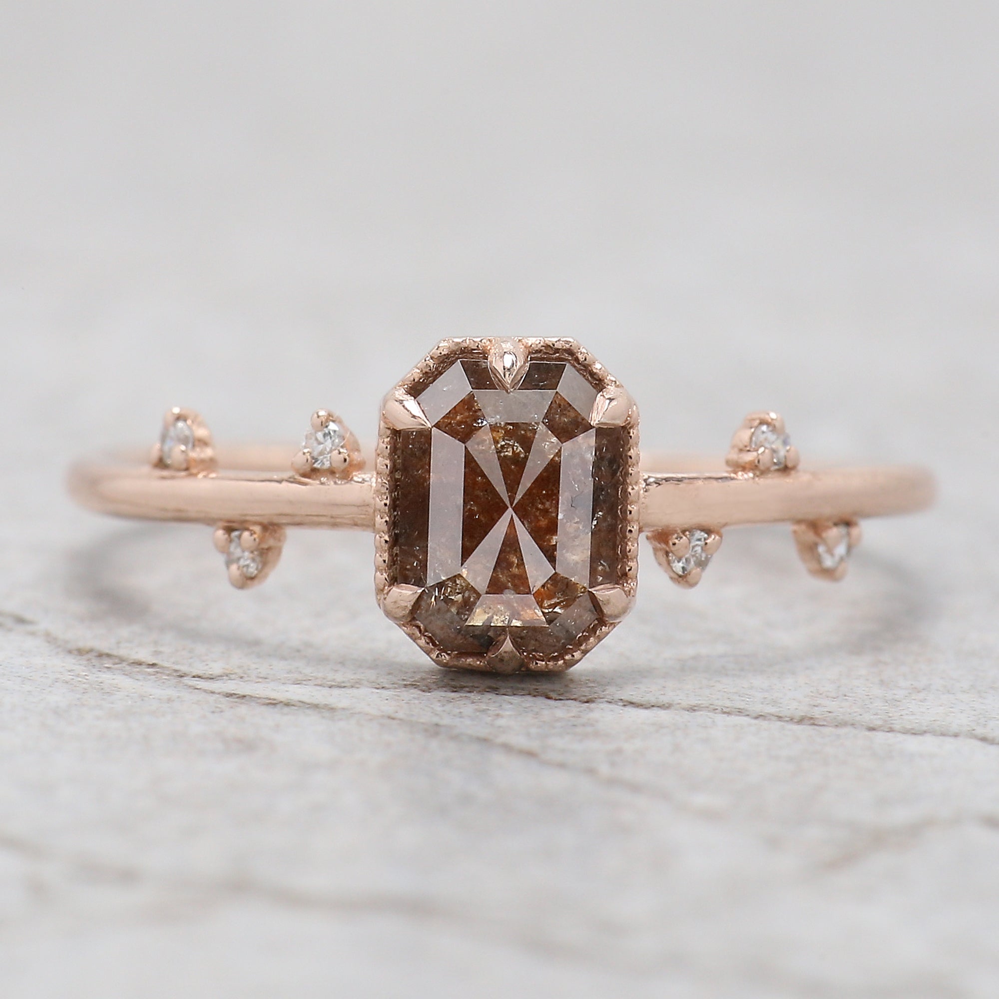 Emerald Cut Brown Color Diamond Ring 0.79 Ct 6.18 MM Emerald Shape Diamond Ring 14K Rose Gold Silver Engagement Ring Gift For Her QL652