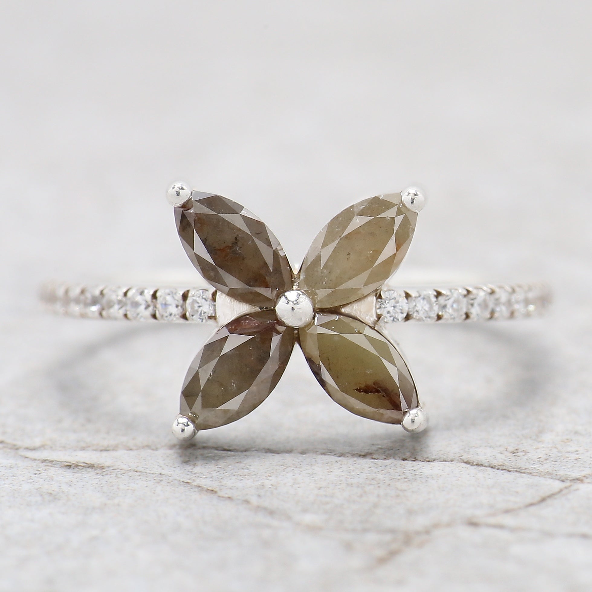 Marquise Yellow Color Diamond Ring 1.01 Ct 6.00 MM Grey Marquise Cut Diamond Ring 14K White Gold Silver Engagement Ring Gift For Her QL9113