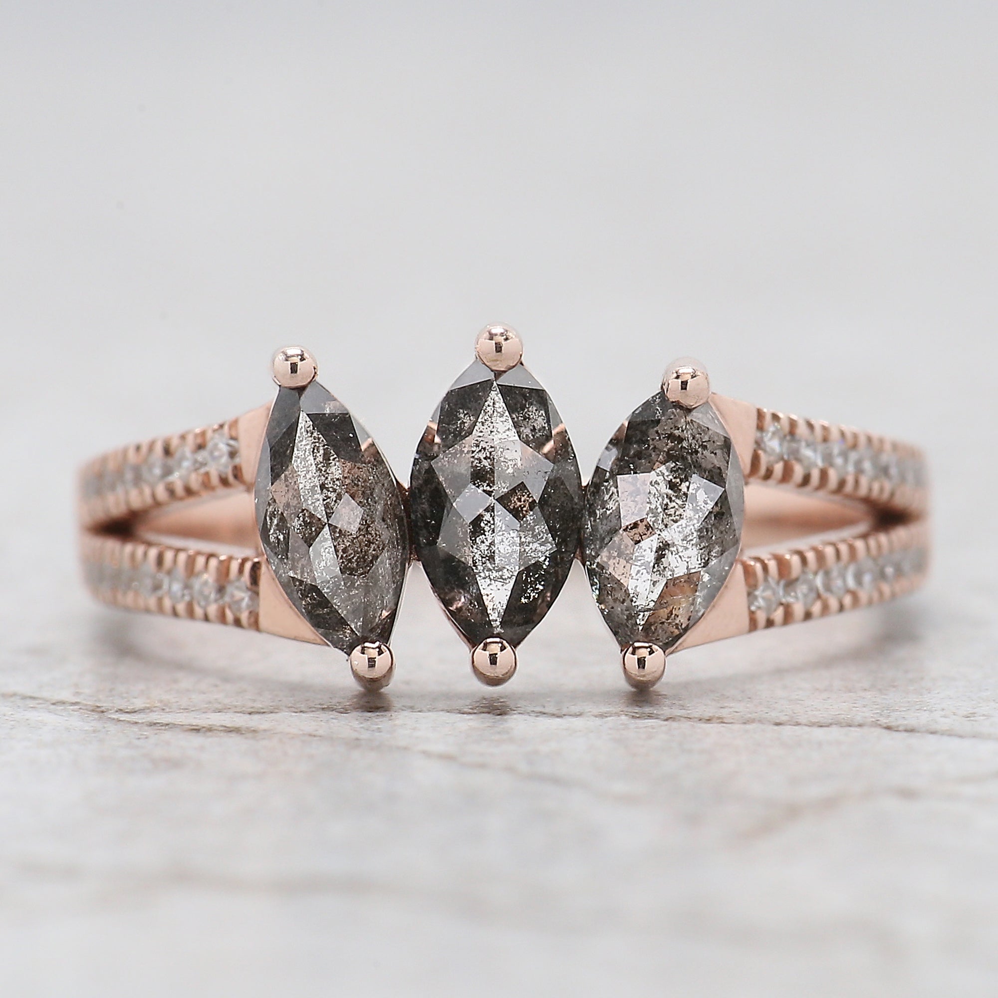 Marquise Cut Salt And Pepper Diamond Ring 0.97 Ct 6.76 MM Marquise Diamond Ring 14K Rose Gold Silver Engagement Ring Gift For Her QL2559