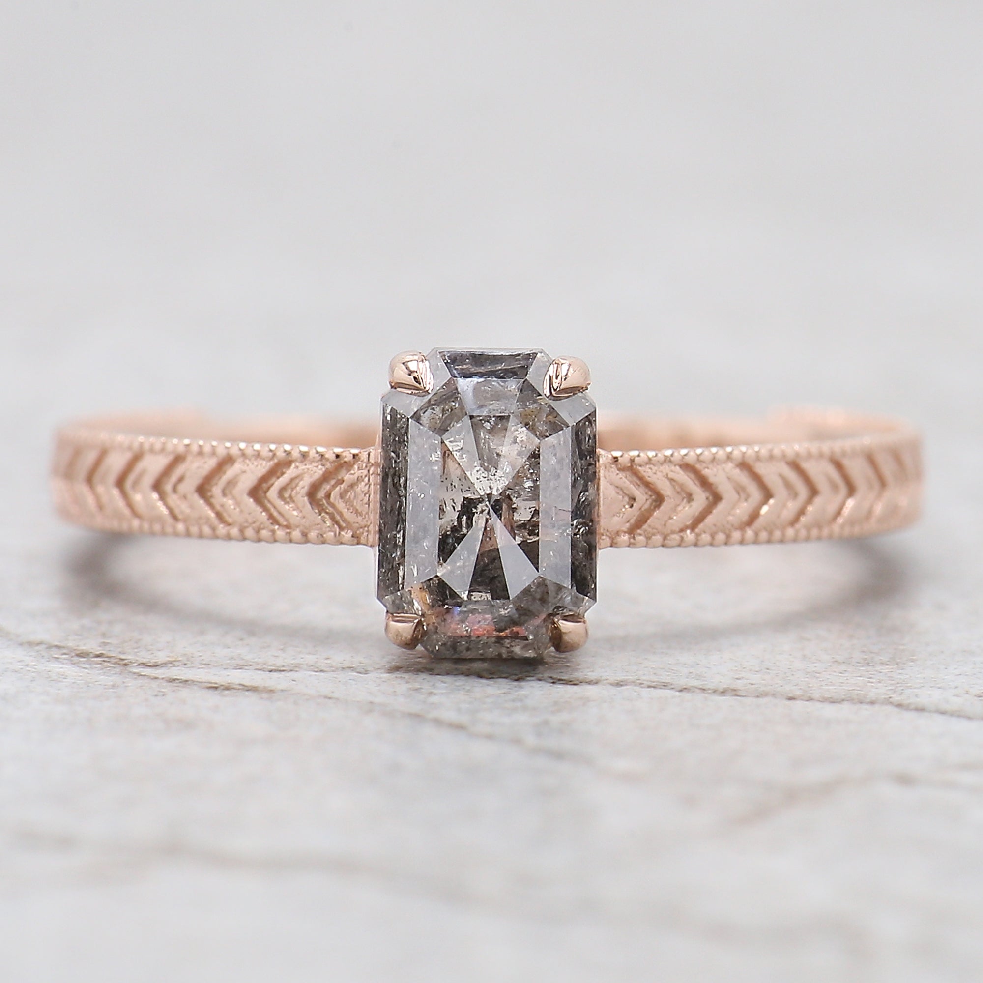 Emerald Salt And Pepper Diamond Ring 1.20 Ct 6.74 MM Emerald Diamond Ring 14K Solid Rose Gold Silver Engagement Ring Gift For Her QL9570