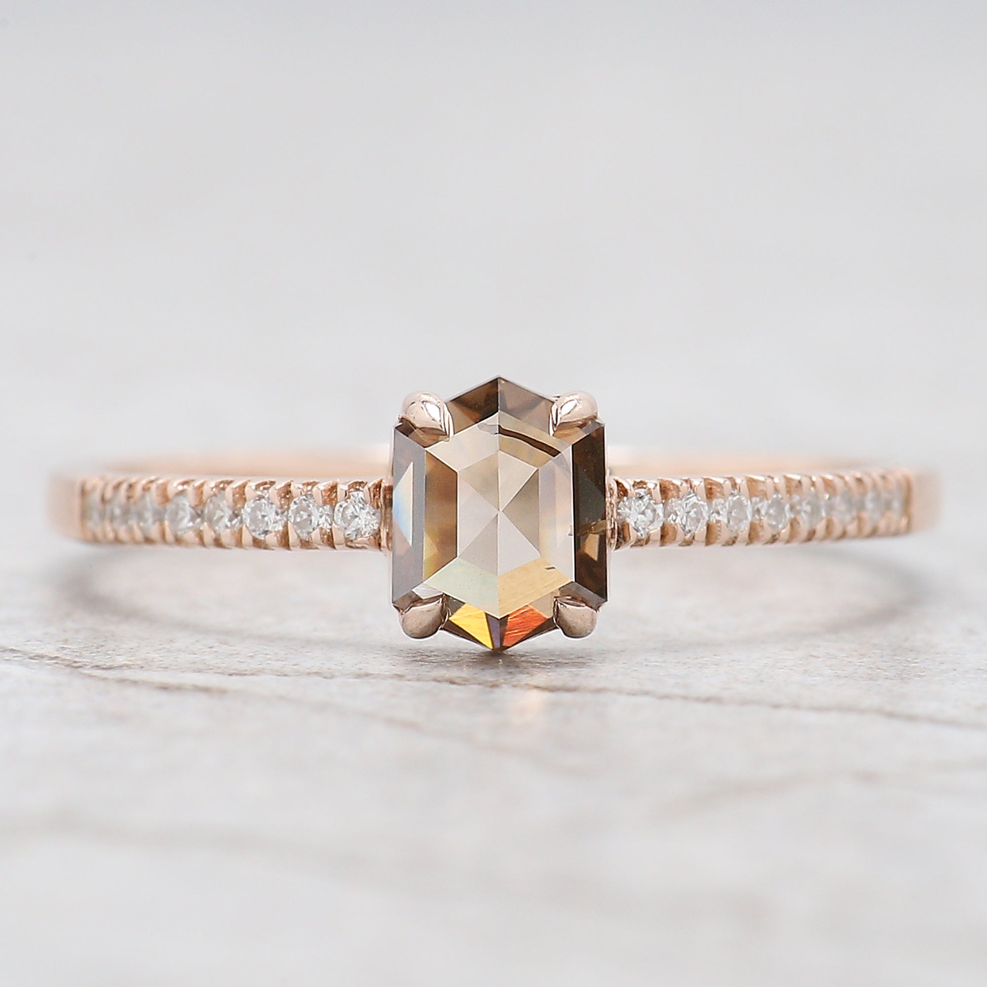 Hexagon Cut Brown Color Diamond Ring 0.67 Ct 5.70 MM Hexagon Shape Diamond Ring 14K Rose Gold Silver Engagement Ring Gift For Her QL658