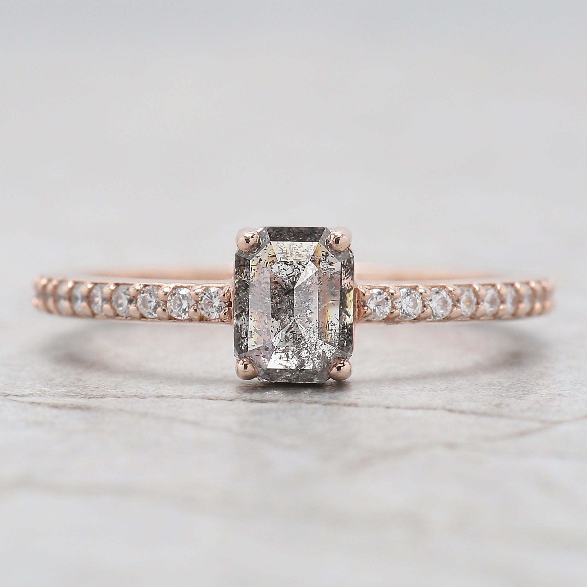 Emerald Cut Salt And Pepper Diamond Ring 0.75 Ct 5.95 MM Emerald Diamond Ring 14K Solid Rose Gold Silver Engagement Ring Gift For Her QL1100