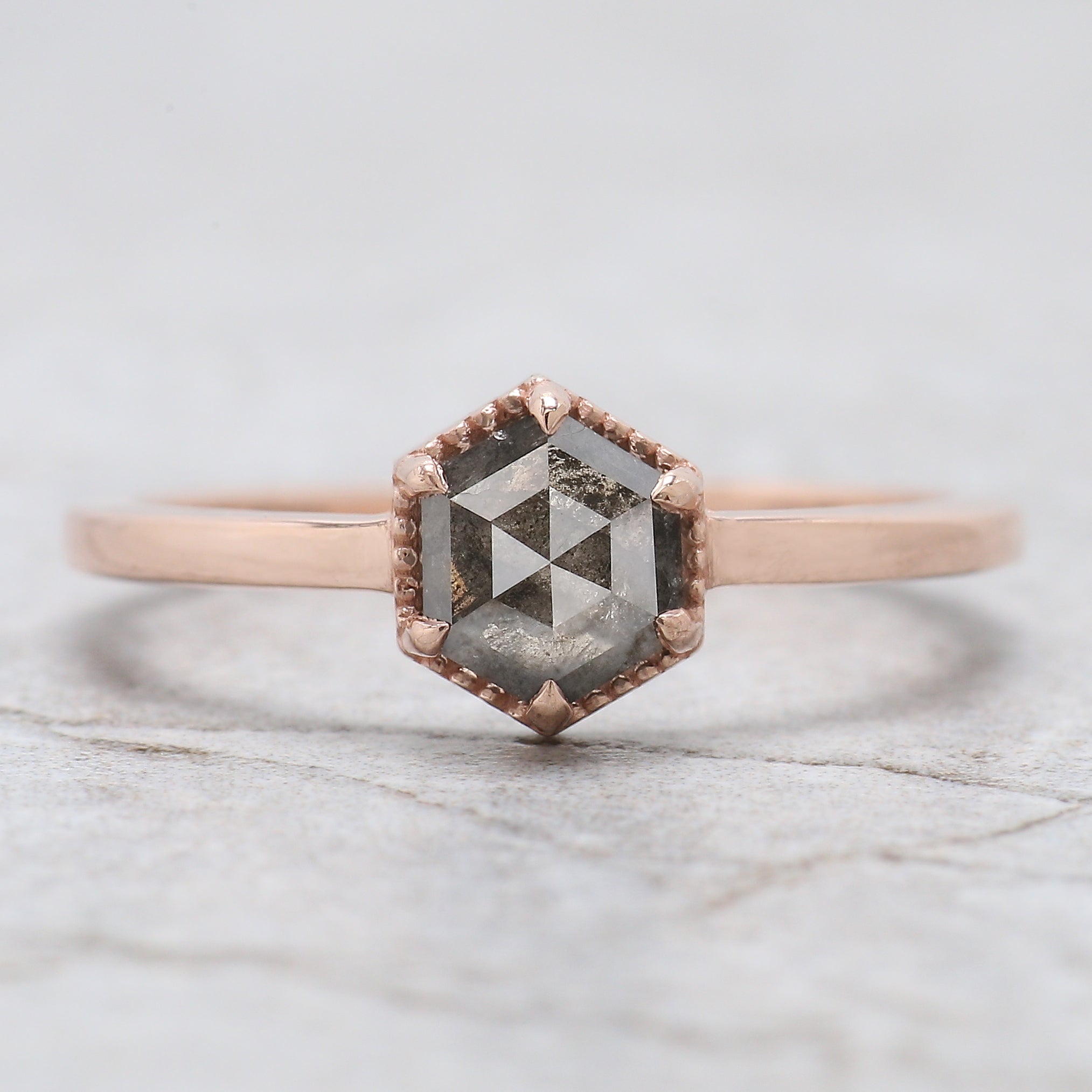 Hexagon Cut Salt And Pepper Diamond Ring 0.71 Ct 6.24 MM Hexagon Diamond Ring 14K Solid Rose Gold Silver Engagement Ring Gift For Her QL2338