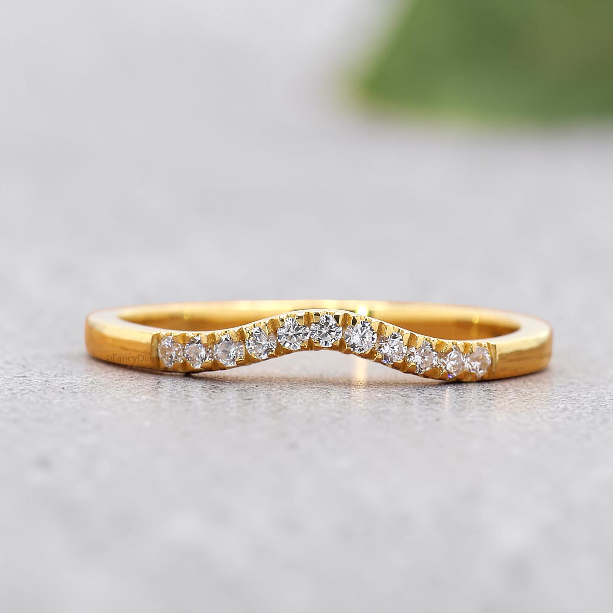 Lab Grown Diamond Band 14k Yellow Gold Curved Wedding Band For Women Pave Set Tiny Diamond Stacking Ring Minimalist Band Ring For Her FD570