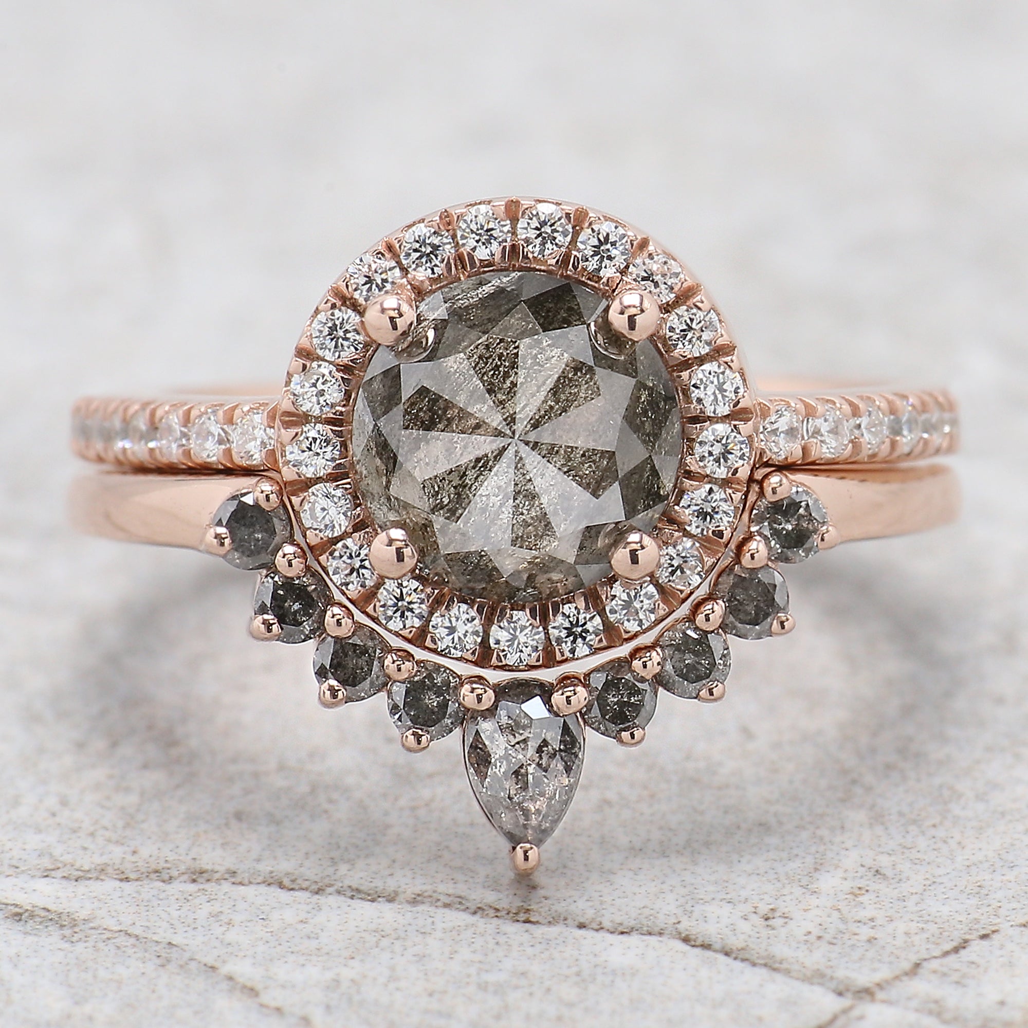 Round Rose Cut Salt And Pepper Diamond Ring 1.69 Ct 7.36 MM Round Diamond Ring 14K Rose Gold Silver Engagement Ring Gift For Her QL1949