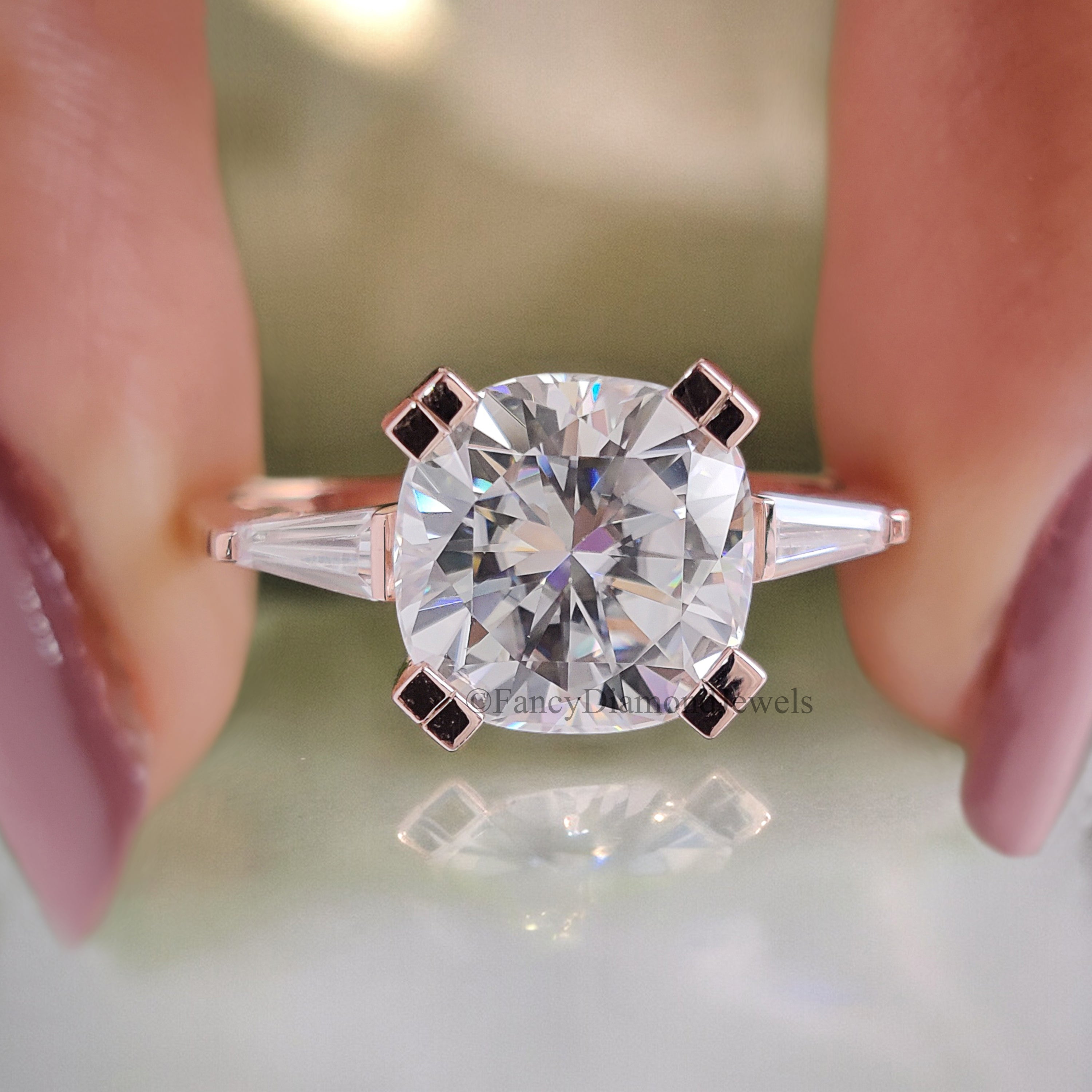 2.30 TW Cushion Cut Colorless Moissanite Ring Side Baguette Three Stone Engagement Ring Wedding Ring Gift For Her Celebrity Style Ring FD202