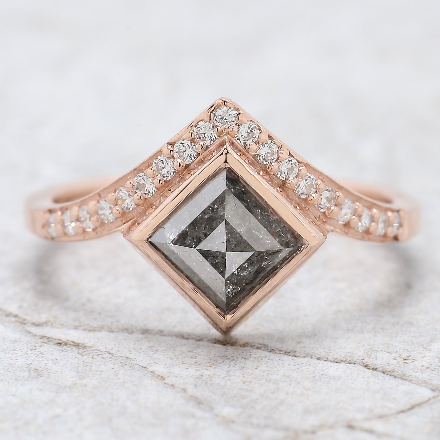 Kite Cut Salt And Pepper Diamond Ring 1.20 Ct 8.00 MM Kite Diamond Ring 14K Solid Rose Gold Silver Kite Engagement Ring Gift For Her QN1322