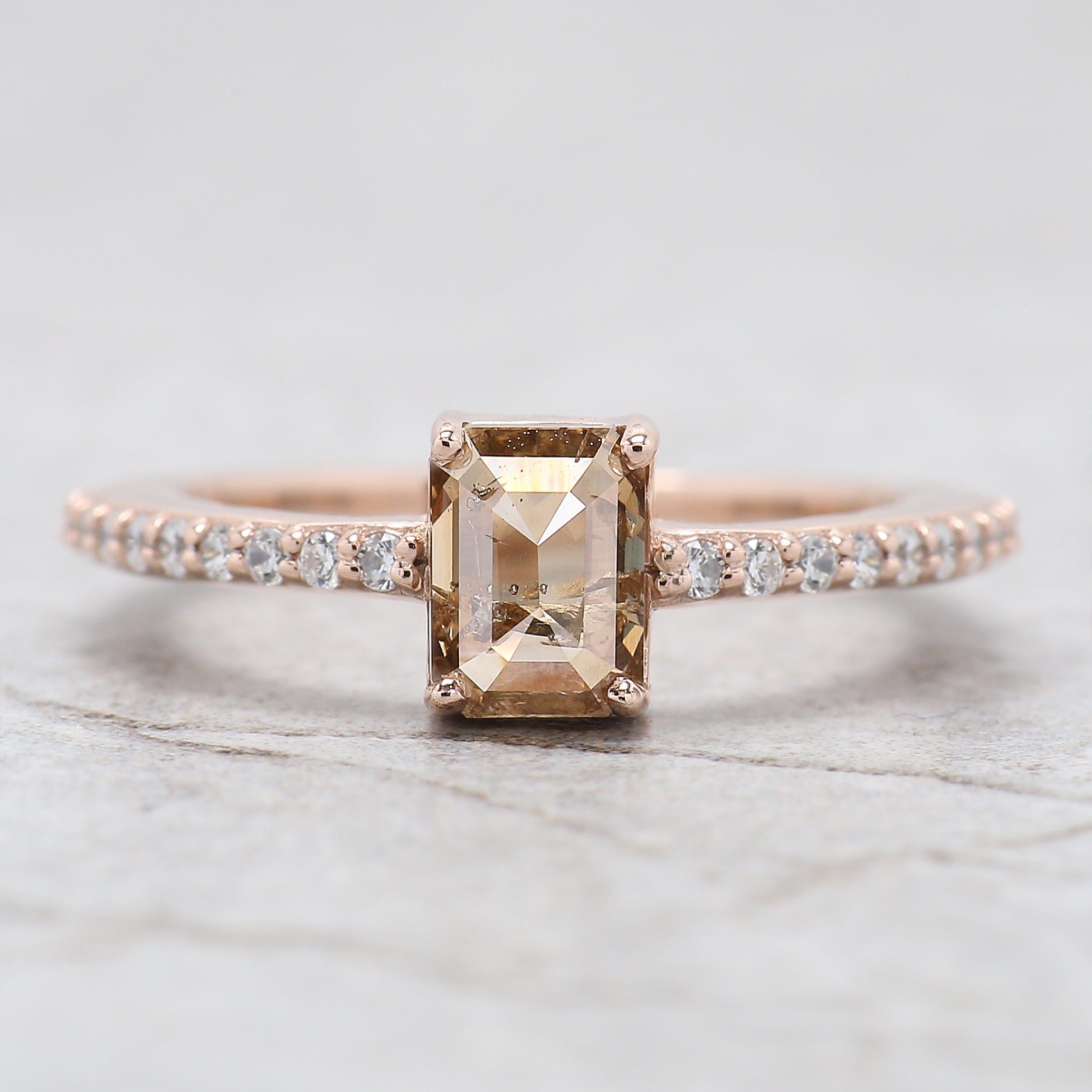 Emerald Cut Brown Color Diamond Ring 0.87 Ct 6.05 MM Emerald Shape Diamond Ring 14K Rose Gold Silver Engagement Ring Gift For Her QL060