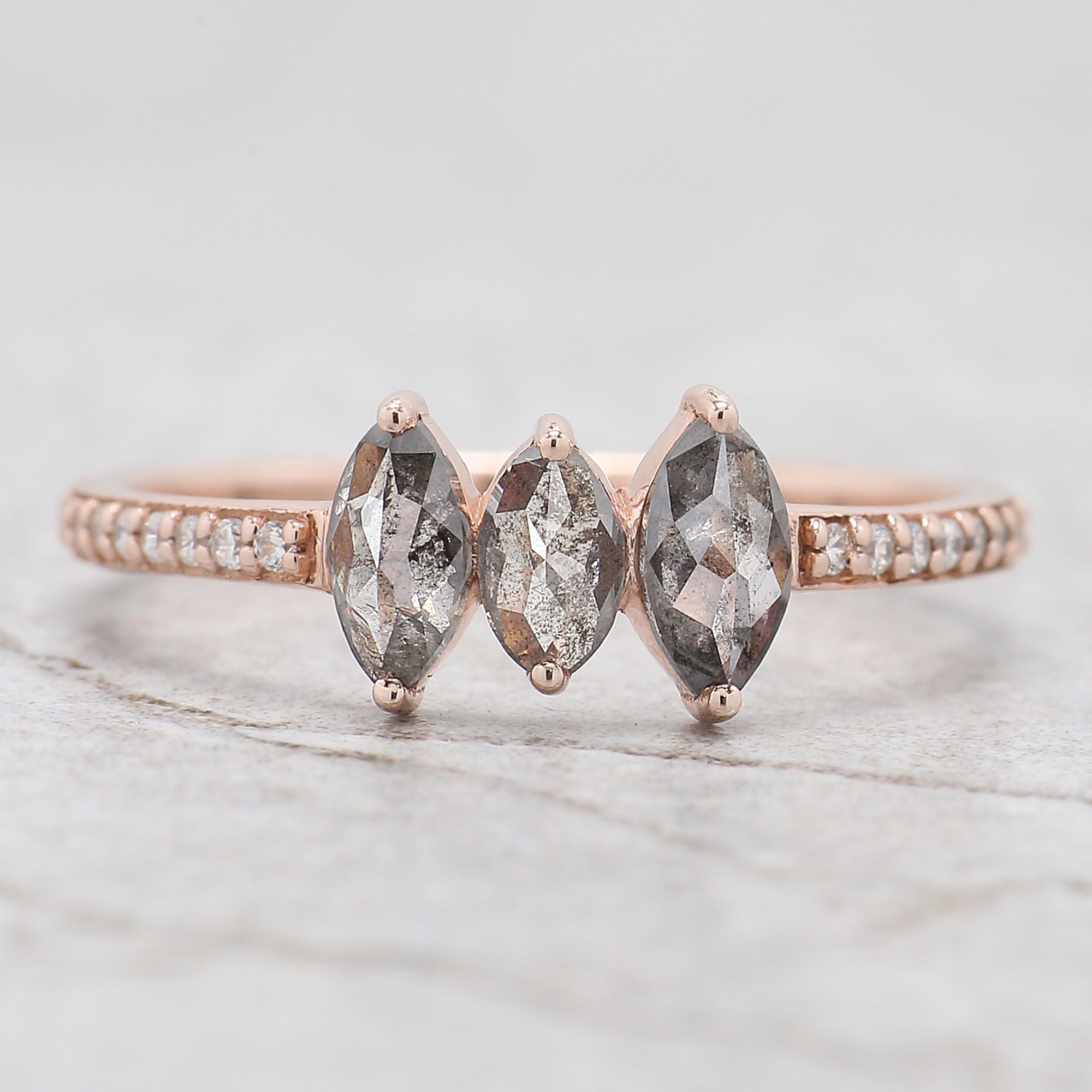 Marquise Cut Salt And Pepper Diamond Ring 0.55 Ct 6.05 MM Marquise Diamond Ring 14K Solid Rose Gold Engagement Ring Gift For Her QL2458