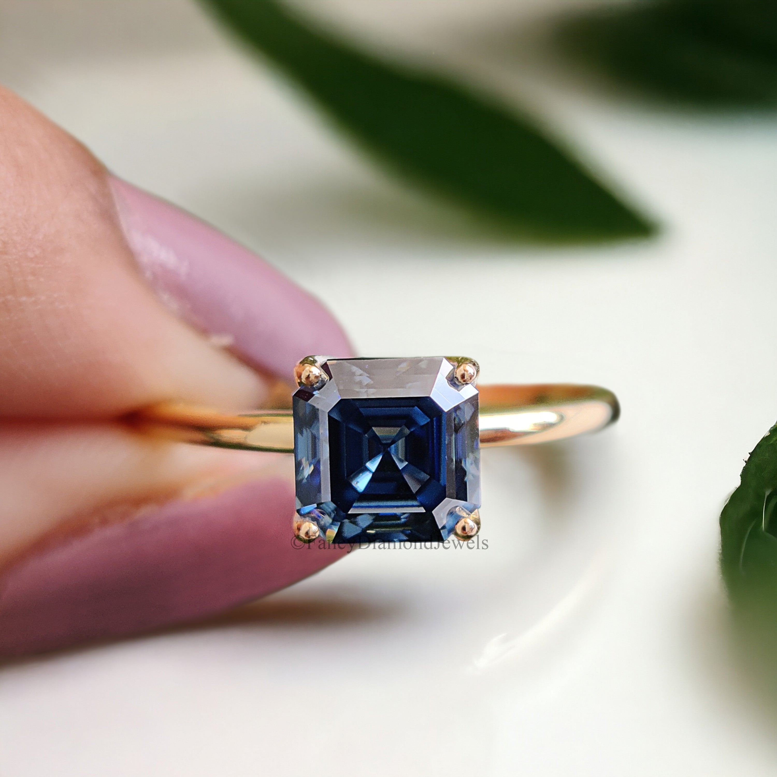 Amazing 1.20 CT Royal Blue Asscher Moissanite Solitaire Engagement Ring Dainty Solid Yellow Gold Wedding Ring Anniversary Gift for Her FD167