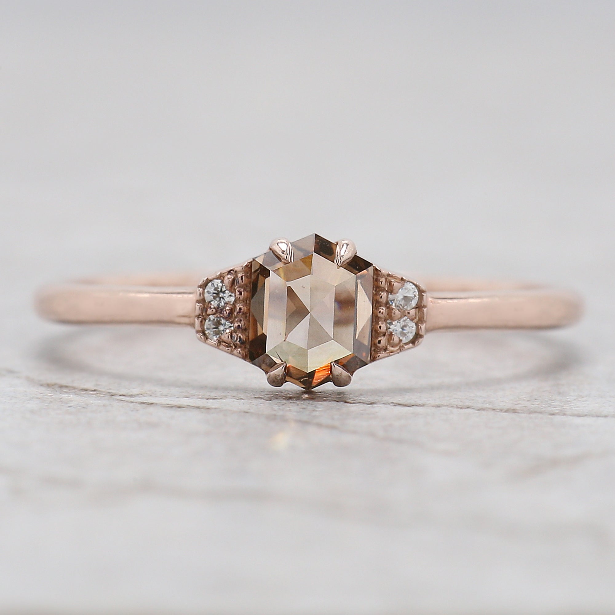 Hexagon Cut Brown Color Diamond Ring 0.51 Ct 5.20 MM Hexagon Diamond Ring 14K Solid Rose Gold Silver Engagement Ring Gift For Her QL655