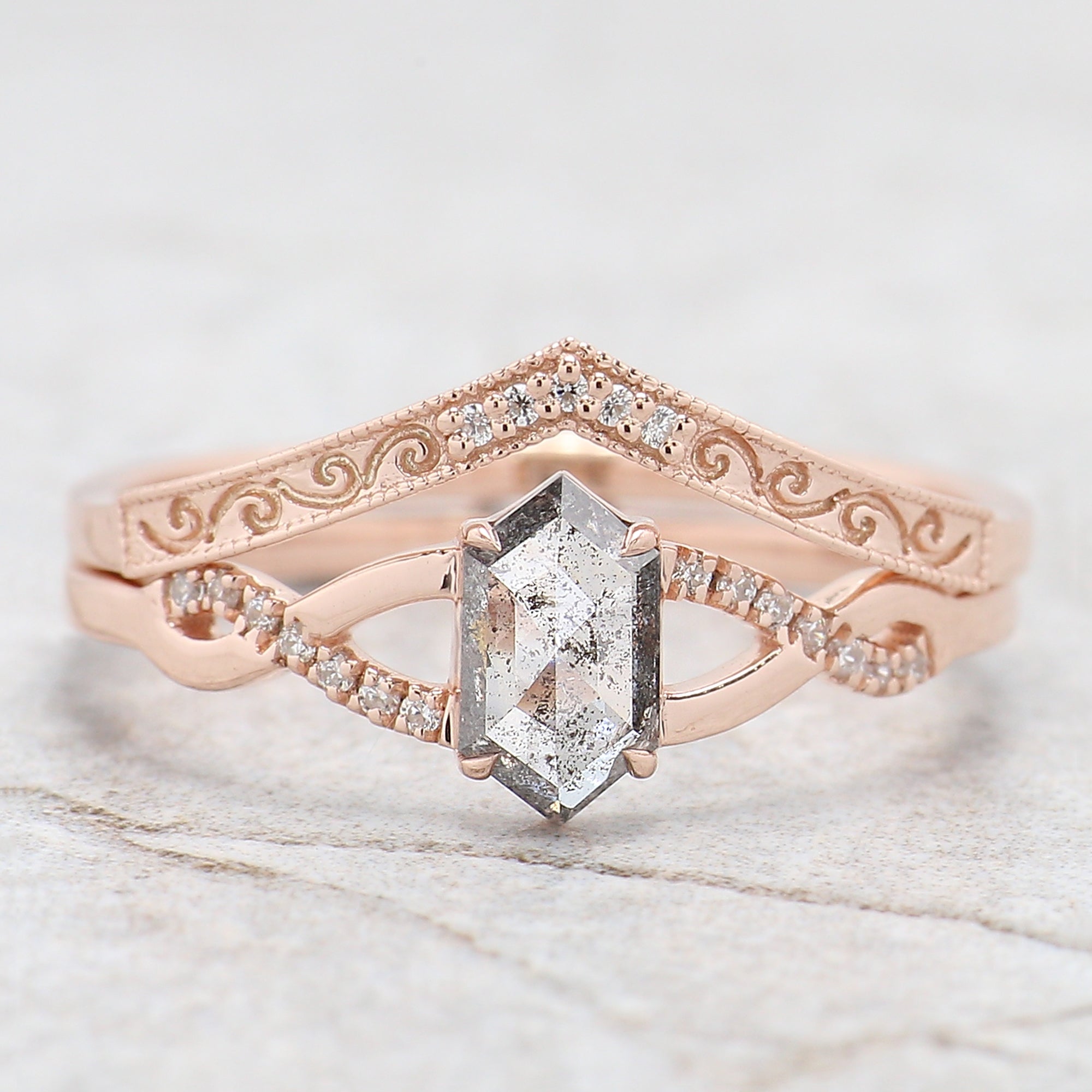 Hexagon Cut Salt And Pepper Diamond Ring 0.46 Ct 6.74 MM Hexagon Diamond Ring 14K Solid Rose Gold Silver Engagement Ring Gift For Her QN2139